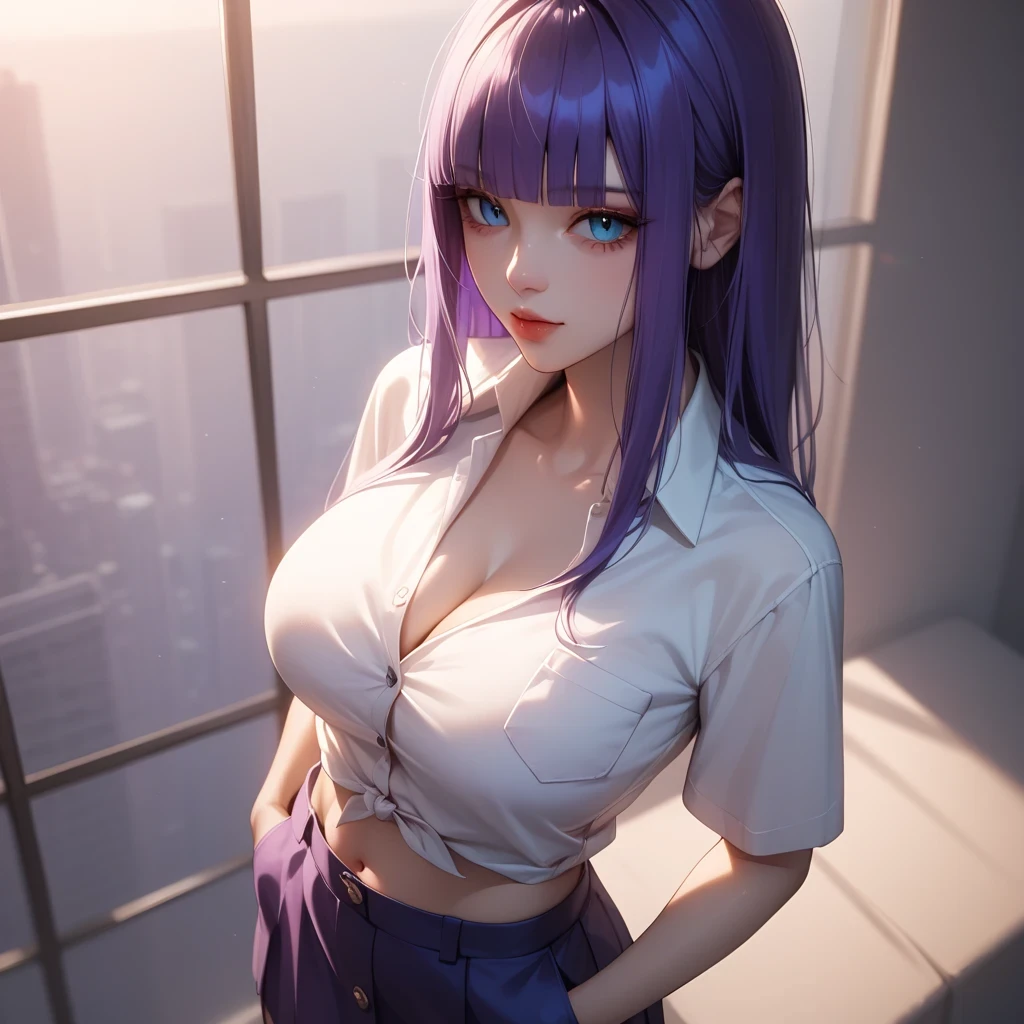 Character Details:, - Gender: 1 Girl.
- Style: Anime, - Body Type: Attractive body, slim body, nice legs, slim tights, nice arms, nice shoulders. - Breast: ((Small Breast:1,5)), Show Cleavage, Nipples.
- Facial Feature Beautiful, Gorgeous, Teenager, Fresh, Young.
- Expression: Smile, Pink Blush on Face, Sexy Eyes, Sexy Look, Innocent Look, Tipsy. - Hairstyle: Blunt Bangs, Long Hair. - Hair Color: Light Blue Hair.
- Clothing: off-shoulder, office shirt, skirt, stocking. - Body Pose: (Sitting). - Behaviour: Waiting, Want Something, Secretly.
- Accessories: Earrings. Environmental Details:, - Setting: Office Room., - Lighting: Natural Light., - Decoration: Modern Office Desk, Chair, Window, White Curtain, City View. Top view.- Masterpiece, top quality, best quality, official art, beautiful, and aesthetic:1.2 Highest detailed:1.2, Crisp details, Sharp lines, Rich textures, Fine craftsmanship:1.3 - High resolution, Meticulous rendering:1.2, POV, anime style, UHD, retina, masterpiece, accurate, anatomically correct, textured.