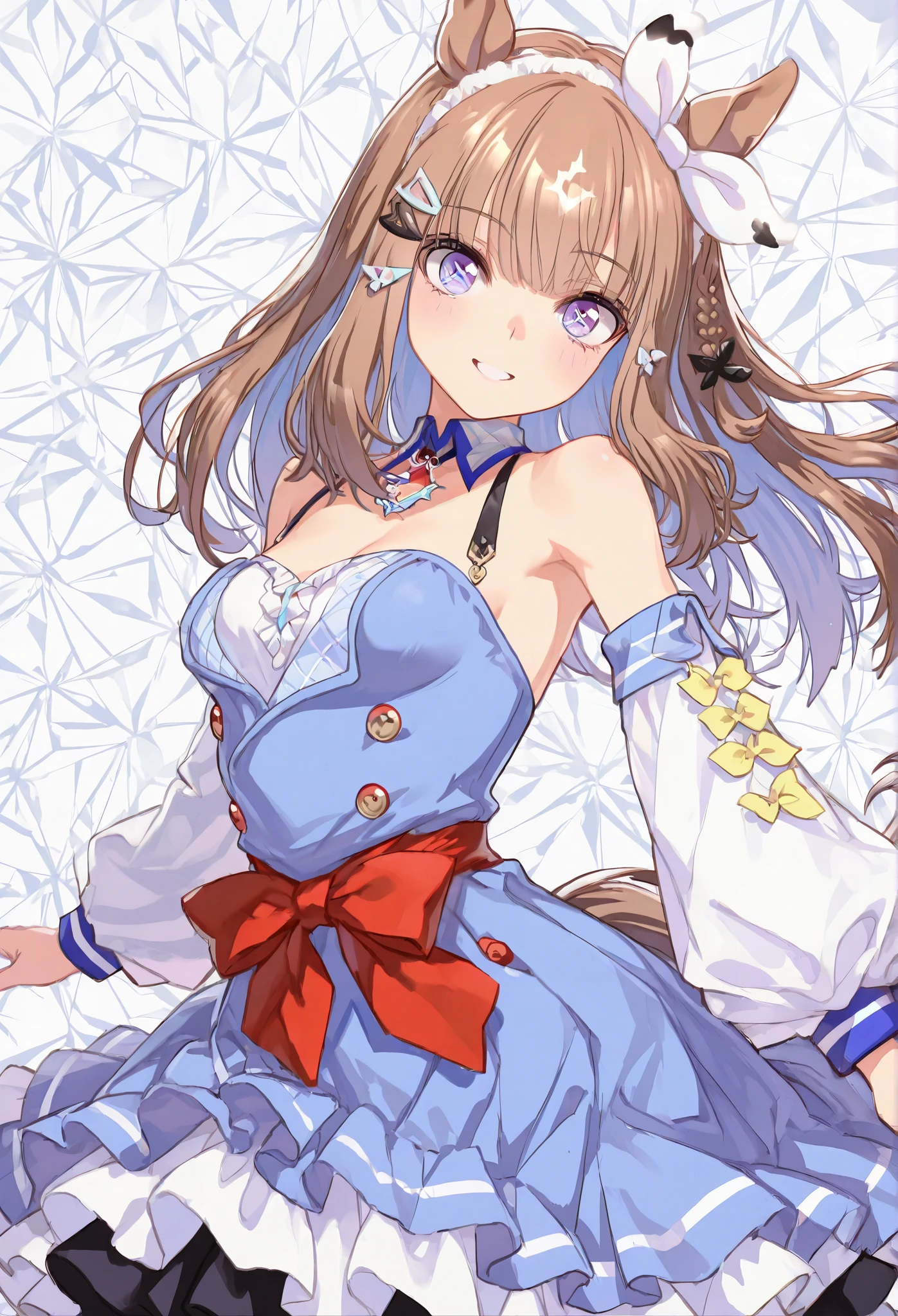 {{{ masterpiece}}}, {{{ TOP QUALITY}}}, {{ Ultra High Definition}}, { Illustration }, {{ Extremely Delicate and Beautiful}}, {{{ masterpiece}}}, {{{ TOP QUALITY}}}, {{ Ultra High Definition}}, { Illustration }, {{ Extremely Delicate and Beautiful}},{smile},{{{Uma Musume}}},{{{Almond Eye}}},{ happy smile}, {{{dynamic angle:1.5}}}, {{{point at viewer:1.5}}}, facing at viewer,{big red ribbon on the waist},{yellow ribbon on the sleeve},{Pop Background} medium breasts