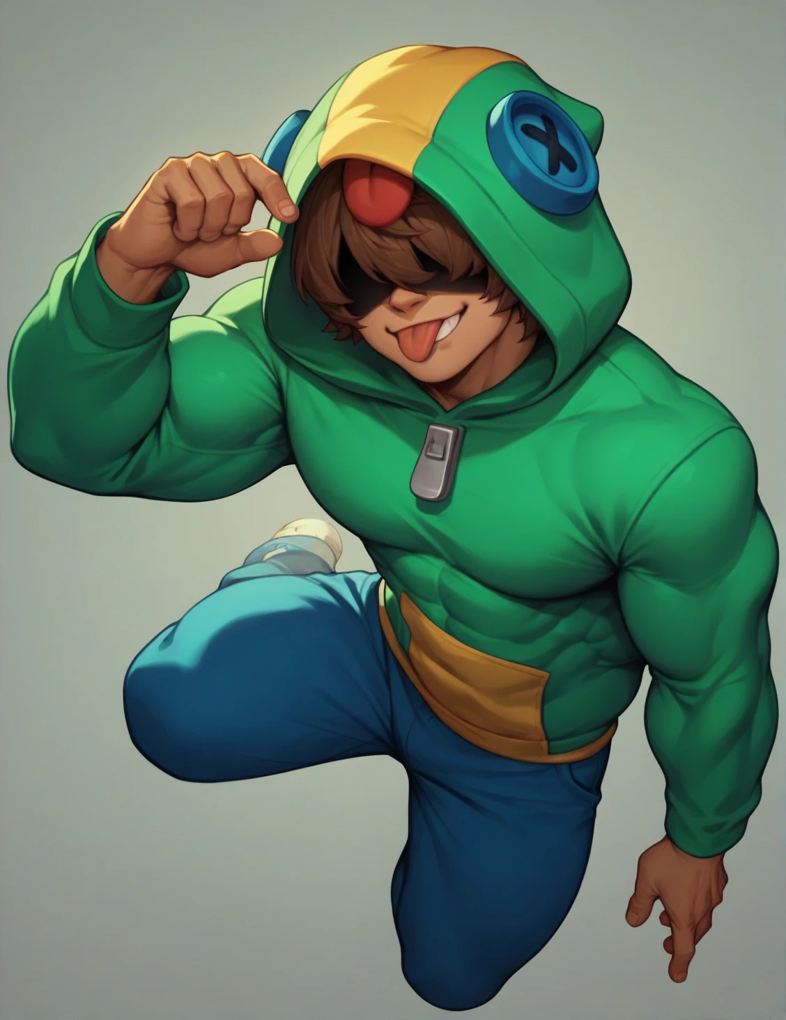 Leon, looking at viewer, brown hair, light smile, covered eyes, portait, ( hood:1.1), hood up, tongue, long sleeves, (hoodie:1.1), blue shorts, muscular body anatomy. Attractive. Muscular. Confident pose. Full body. Big muscles. Big bubble butt
