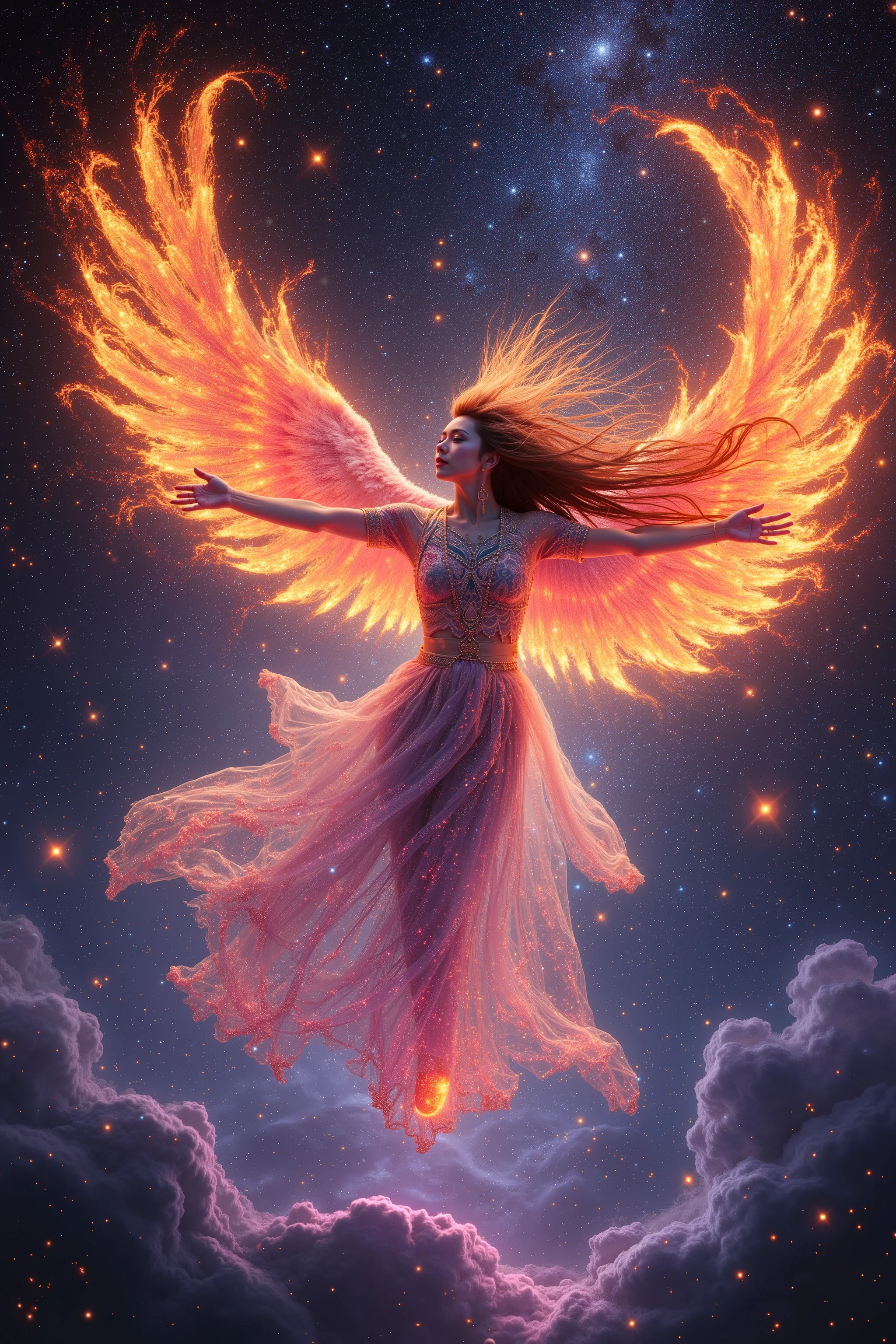 Japanese dance: God who was baptized, sublimated into Phoenix、magic and flame, emitting luminescence, long hair, neon luminescence tattoo, Japanese woman、ULTRA HIGH QUALITY HIGH PRECISION FAR-VIEW、Heaven with an infinite blink and neon effect、fantastic phoenix background with space clouds and sacred geometric pattern、Angle from just above the so far side