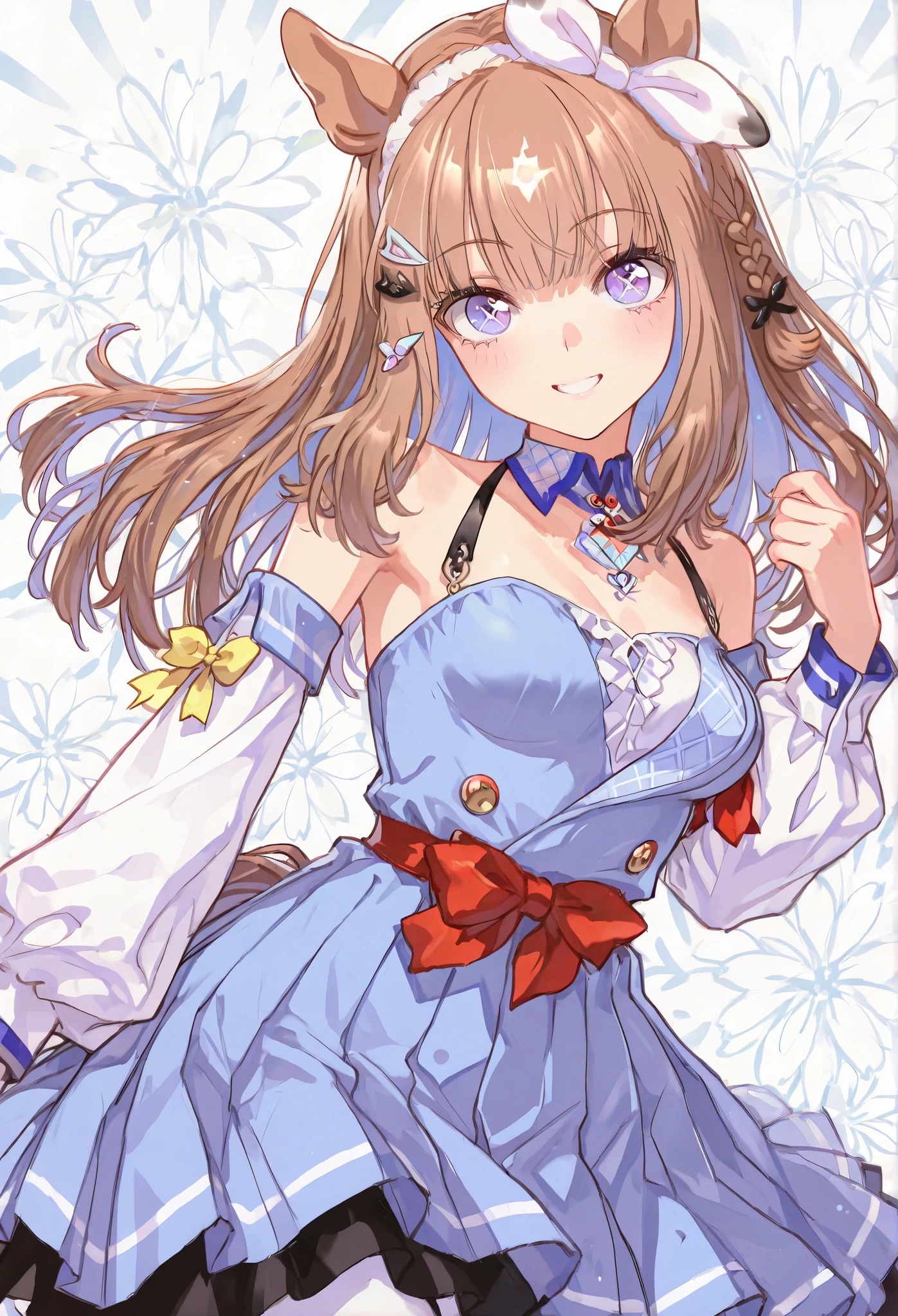{{{ masterpiece}}}, {{{ TOP QUALITY}}}, {{ Ultra High Definition}}, { Illustration }, {{ Extremely Delicate and Beautiful}}, {{{ masterpiece}}}, {{{ TOP QUALITY}}}, {{ Ultra High Definition}}, { Illustration }, {{ Extremely Delicate and Beautiful}},{smile},{{{Uma Musume}}},{{{Almond Eye}}},{ happy smile}, {{{dynamic angle:1.5}}}, {{{point at viewer:1.5}}}, facing at viewer,{big red ribbon on the waist},{yellow ribbon on the sleeve},{Pop Background} medium breasts