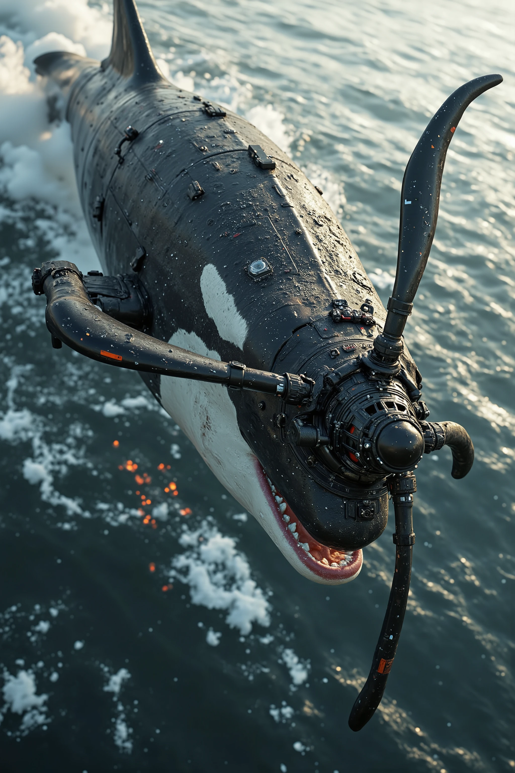 A gigantic orca whale with a large Dangerous Killer rotary propeller engine on the orca whales nose spinning the propeller blades extremely fast rotating speeding up the Propeller Blurring Revving emitting fire with black diesel smoke from the orca whales fin on the top of the whale Revving Like an exhaust pipe doing a burnout on the road Extremely fast begins Soaring up to the sky like an airship, ray tracing, UHD, 16k, DSLR, masterpiece, photorealistic, award-winning