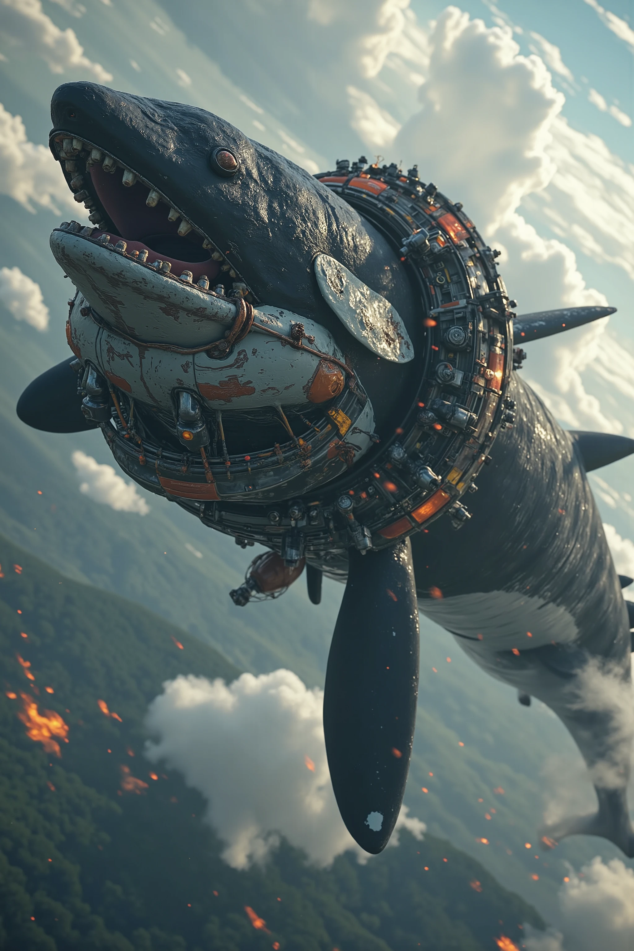 A gigantic orca whale with a large Dangerous Killer rotary propeller engine on the orca whales nose spinning the propeller blades extremely fast rotating speeding up the Propeller Blurring Revving emitting fire with black diesel smoke from the orca whales fin on the top of the whale Revving Like an exhaust pipe doing a burnout on the road Extremely fast begins Soaring up to the sky like an airship, ray tracing, UHD, 16k, DSLR, masterpiece, photorealistic, award-winning
