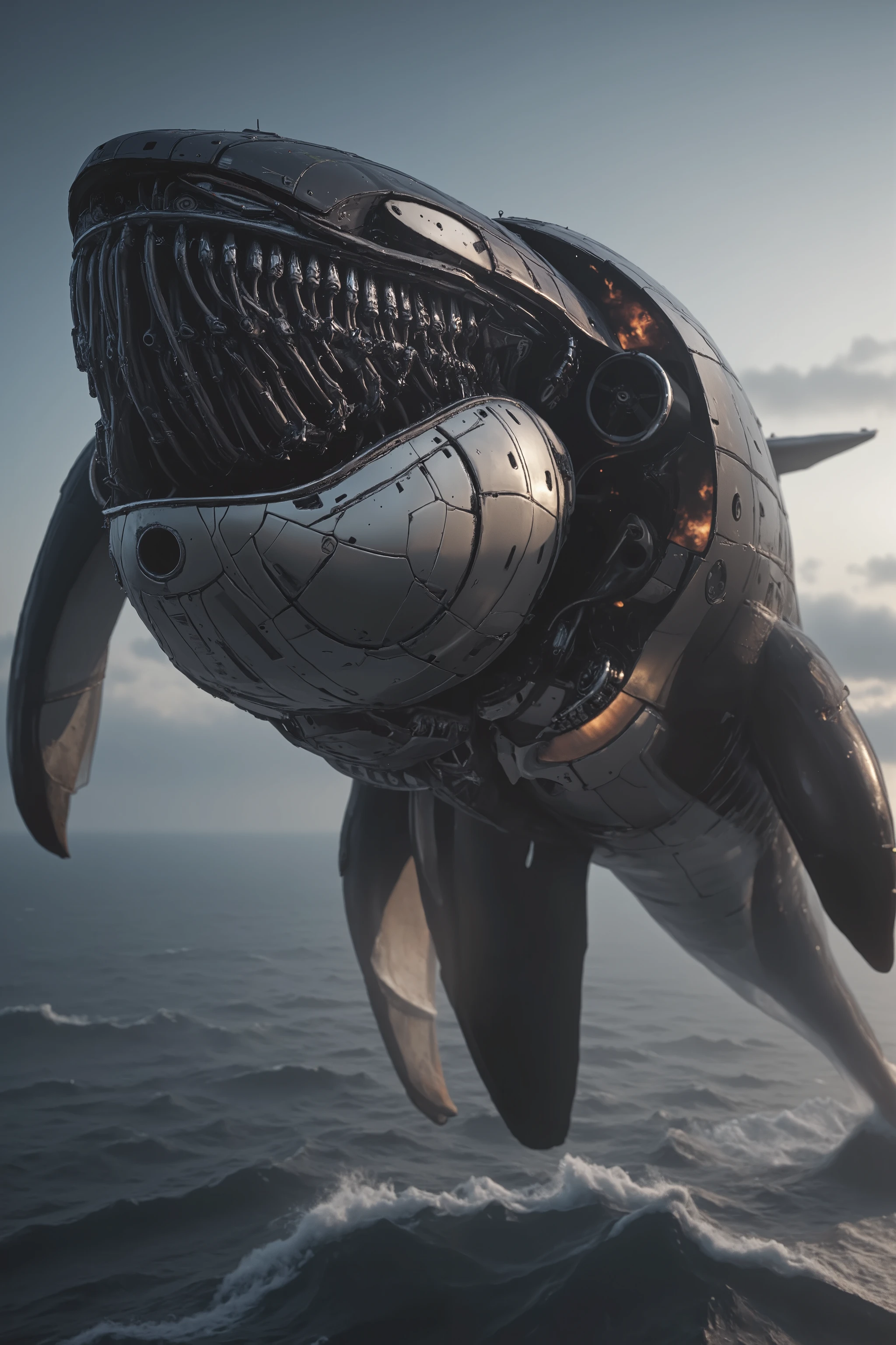 A gigantic orca whale with a large Dangerous Killer rotary propeller engine on the orca whales nose spinning the propeller blades extremely fast rotating speeding up the Propeller Blurring Revving emitting fire with black diesel smoke from the orca whales fin on the top of the whale Revving Like an exhaust pipe doing a burnout on the road Extremely fast begins Soaring up to the sky like an airship, ray tracing, UHD, 16k, DSLR, masterpiece, photorealistic, award-winning