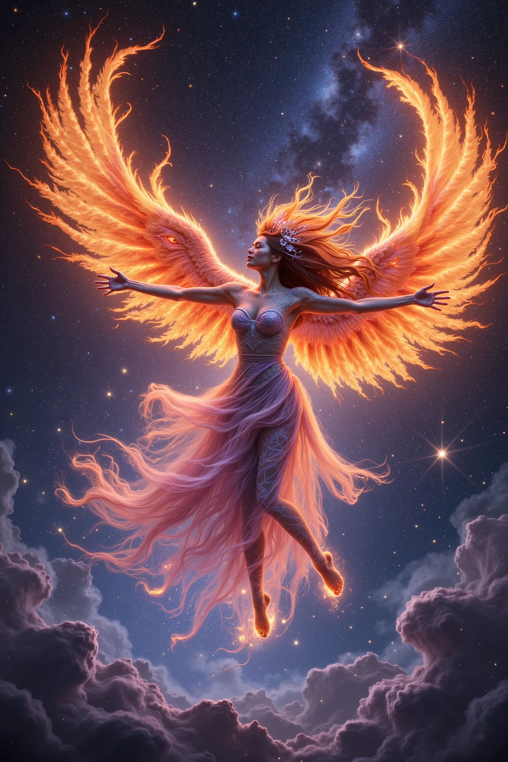 Japanese dance: God who was baptized, sublimated into Phoenix、magic and flame, emitting luminescence, long hair, neon luminescence tattoo, Japanese woman、ULTRA HIGH QUALITY HIGH PRECISION FAR-VIEW、Heaven with an infinite blink and neon effect、fantastic phoenix background with space clouds and sacred geometric pattern、Angle from just above the so far side