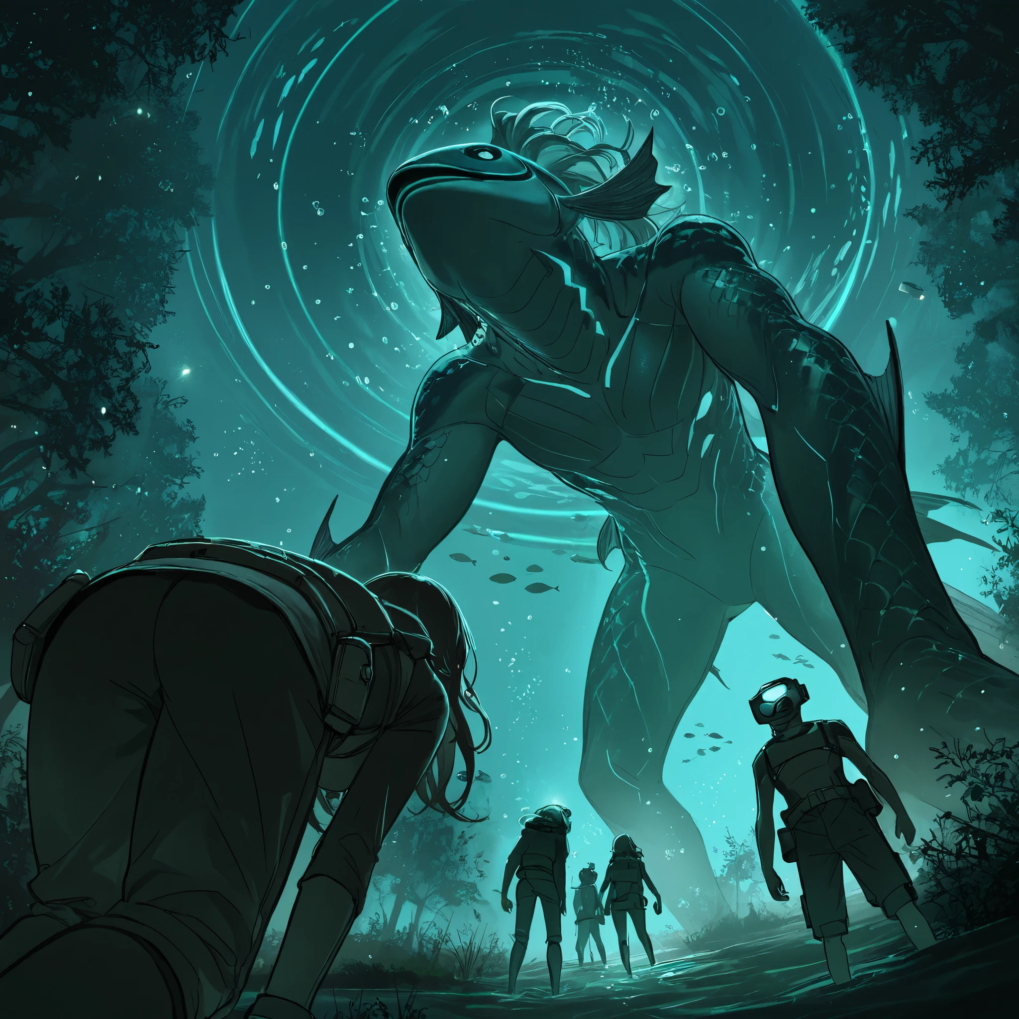 from down the dark water, boys and girls diving head first arms forward towards the camera, determined, they come from above, lots of swirls and bubbles, fish and fauna flee to the depths, particles of vegetation in the murky water, from below, glowing light, Wide-Angle, accurate, high details