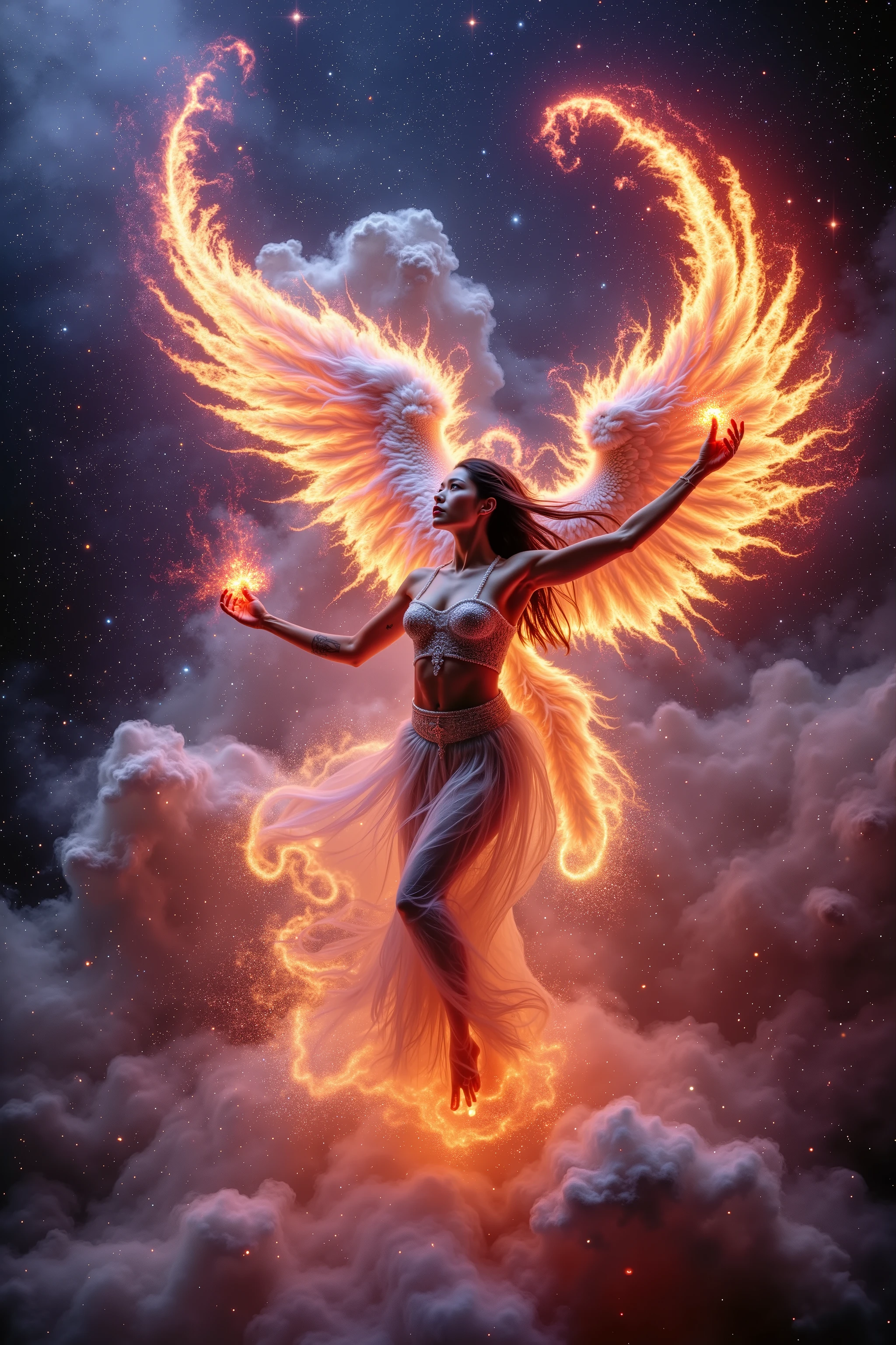 Japanese dance: God who was baptized, sublimated into Phoenix、magic and flame, emitting luminescence, long hair, neon luminescence tattoo, Japanese woman、ULTRA HIGH QUALITY HIGH PRECISION FAR-VIEW、Heaven with an infinite blink and neon effect、fantastic phoenix background with space clouds and sacred geometric pattern、Angle from just above the so far side
