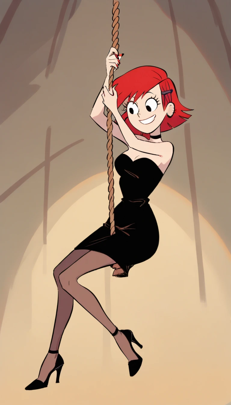 Masterpiece, detaied, high quality, FrankieFoster, 1girl, lipstick, dress, black dress, solo, red hair, barefoot, sit on a chair, tied ankles together, tape gagged,tied arms, ponytail, high ponytail, bare shoulders,indoors, looking at viewer, score_9, score_8_up, score_7_up, score_6_up, score_5_up, score_4_up
