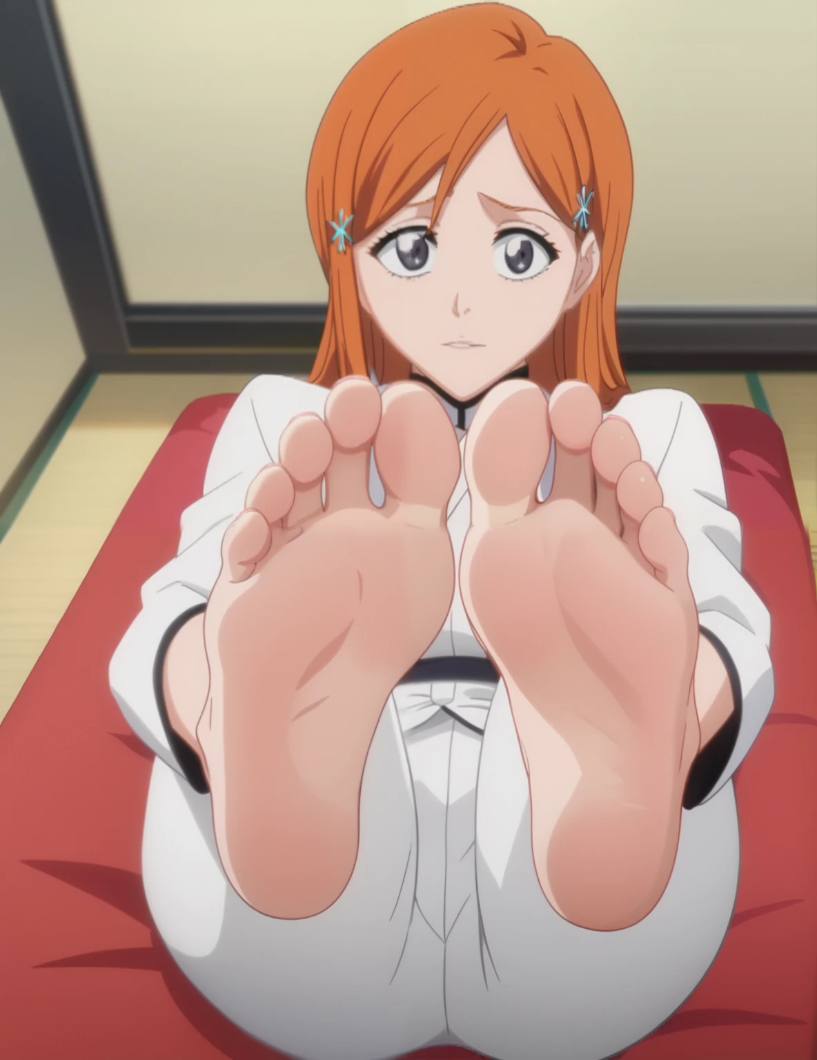 Source_anime, score_9, score_8_up, score_7_up, anime screencap, 8k, absurd res, Inoue Orihime, 1girl, solo, official style, cowboy shot, ANIME SCREENCAP, anime coloring, barefoot, perfect feet, anatomically correct, soles, focal length 35mm, each foot has five toes, front, symmetrical soles barefoot, foot focus, in a room, from above, looking at viewer, lying on the bed, lifting legs to show her soles, white kimono, white hakama pants