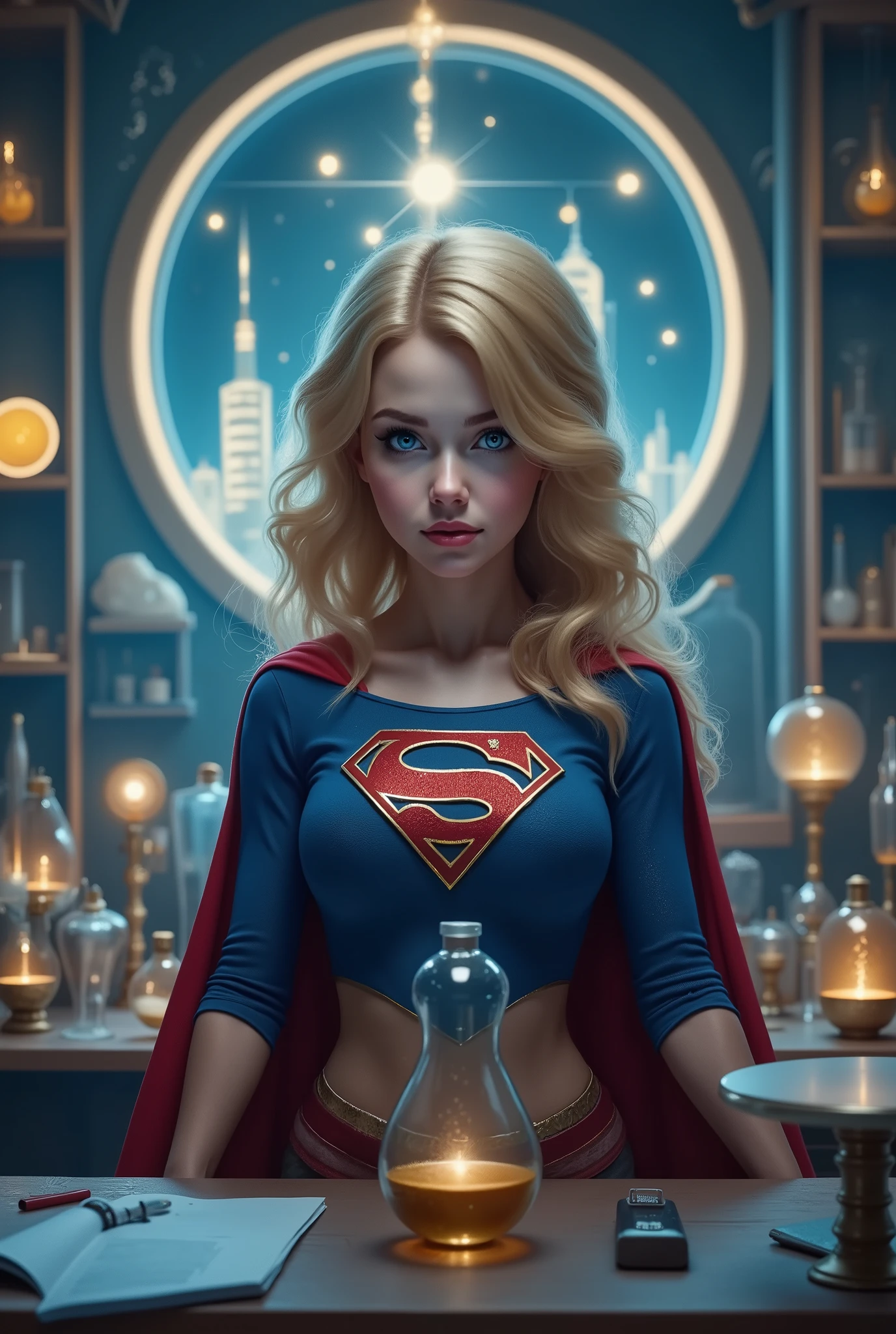 (THE STORY OF SUPERGIRL), (long shot:1.3),huge breast fetish art trending on DeviantArt,(in ahigh tech laboratory:1.3),intricate background,highly detailed background, BREAK, (full body:1.3),(1girl),extremely young, elemtary school age,intensely erotic image, male gaze, male sex fantasy, a brilliant but socially awkward young BLONDE NERD who, while working late in her high tech laboratory, accidentally discovers a revolutionary serum. When tested, the formula unexpectedly grants extremely huge breasts, super breasts, super huge breasts. LEANING OVER HER DESK SEDUCTIVELY, WEARING A CLASSIC SUPERGIRL COSTUME AND CAPE AS HER BOOBS SWELL AND INFLATE, MASSIVE OVERSIZED BOOBS STRAINING AGAINSTTHE FABRIC OF HER SUPERGIRL COSTUME. LIGHT PALE BLUE EYES.