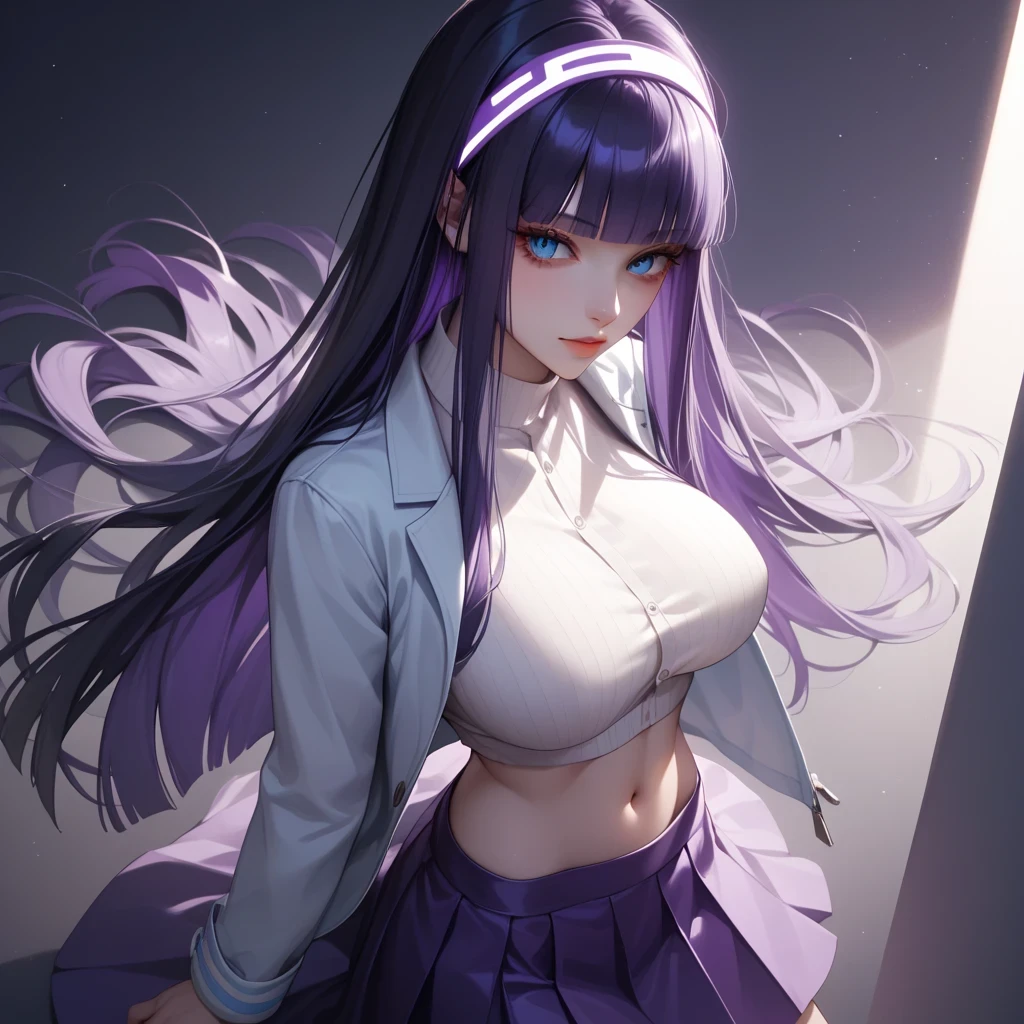 1 girl, 19 years old, Long pink hair, purple eyes with slit pupils, master-piece, best quality, (standing up), (white buttoned crop blouse), (tight short sleeve white crop blouse, black pencil mini skirt, cleavage),  (Big , ultra gigantic , Super super big, Glamorous body), Make eye contact with the camera, front figure, looking forward, (light_Smile:1.5), (Detailed hands and fingers:1.2) (Cyberpunk City), (FULL BODYSHOT), thighs thighs thighs thighs、beauty legs、Bare legs