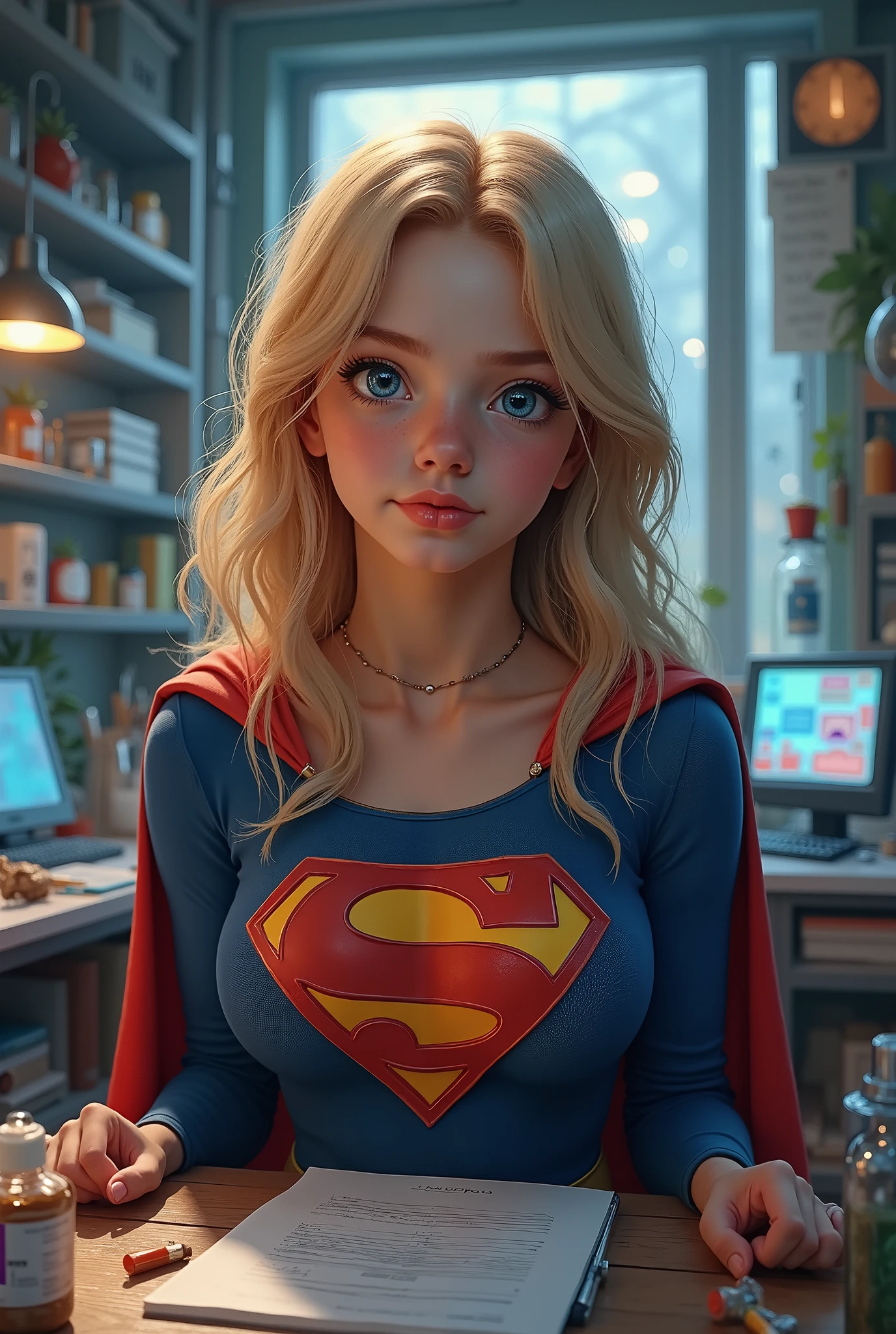 (THE STORY OF SUPERGIRL), (long shot:1.3),huge breast fetish art trending on DeviantArt,(in ahigh tech laboratory:1.3),intricate background,highly detailed background, BREAK, (full body:1.3),(1girl),extremely young, elemtary school age,intensely erotic image, male gaze, male sex fantasy, a brilliant but socially awkward young BLONDE NERD who, while working late in her high tech laboratory, accidentally discovers a revolutionary serum. When tested, the formula unexpectedly grants extremely huge breasts, super breasts, super huge breasts. LEANING OVER HER DESK SEDUCTIVELY, WEARING A CLASSIC SUPERGIRL COSTUME AND CAPE AS HER BOOBS SWELL AND INFLATE, MASSIVE OVERSIZED BOOBS STRAINING AGAINSTTHE FABRIC OF HER SUPERGIRL COSTUME. LIGHT PALE BLUE EYES.