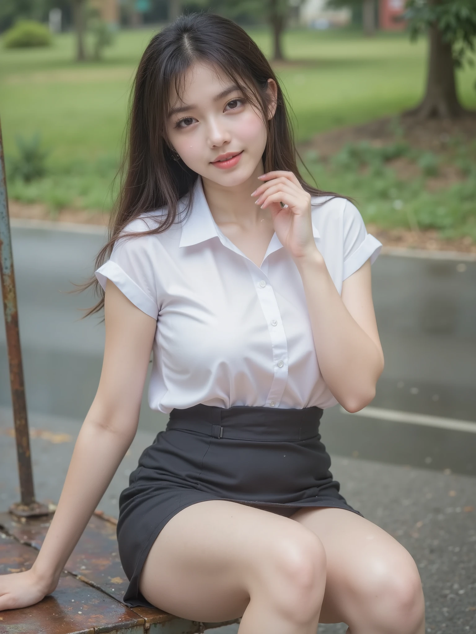 ((top-quality、in 8K、masterpiece:1.3、Raw photo))、Super high quality photos, In the tropical jungle, ((Wearing business suit jacket and skirt)), ((Wear a white blouse shirt under the jacket)), ((Perfect beauty 20 year old idol Japan woman)), ((a smile)), ((nipples sticking out under the shirt,)), ((slim figure)), ((Slim legs)), ((slim thigh)), ((Perfect beauty 20 year old idol Japan woman)), (Photorealistic: 1.4), (Ultra-high detail), (hyper realisitic: 1.4), (Realistic: 1.3), (Smooth lighting: 1.05), Full body, 1girl in, Solo, (Japanese actressl), 20yr old, cinematlic lighting, ((slim figure)), ((Leaner figure)), Good anatomy, Correct anatomy, In the tropical jungle, ((Perfect beauty 20 year old idol Japan woman)), ((slim figure)), ((Slim legs)), ((slim thigh)), ,((Perfect beauty)), ((He has a small camping bag in one hand.)), ((squatting)), ((Panties are visible through the skirt)), ((a smile)),
