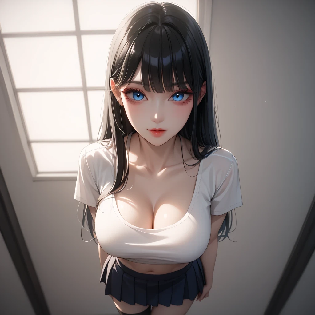 black hair、 top quality 、 Masterpiece、( professional lighting )、 surreal、 (Nipples:0.4), enchanting、 Slim waist、 1 girl with Korean makeup, (full body, (Head-to-toe shot:1.4), full body shot, from front, from above,), ( slightly larger breasts, midriff peek ), ( oily skin ), ( bright, beautiful blue eyes , (( Princess cut, long hair , layer cut )), ( black mini tight skirt , U-neck t-shirt, cleavage visible ,(( punk style fashion))) , ( bright光の中で目を細める美しい顔 ), knee-high socks