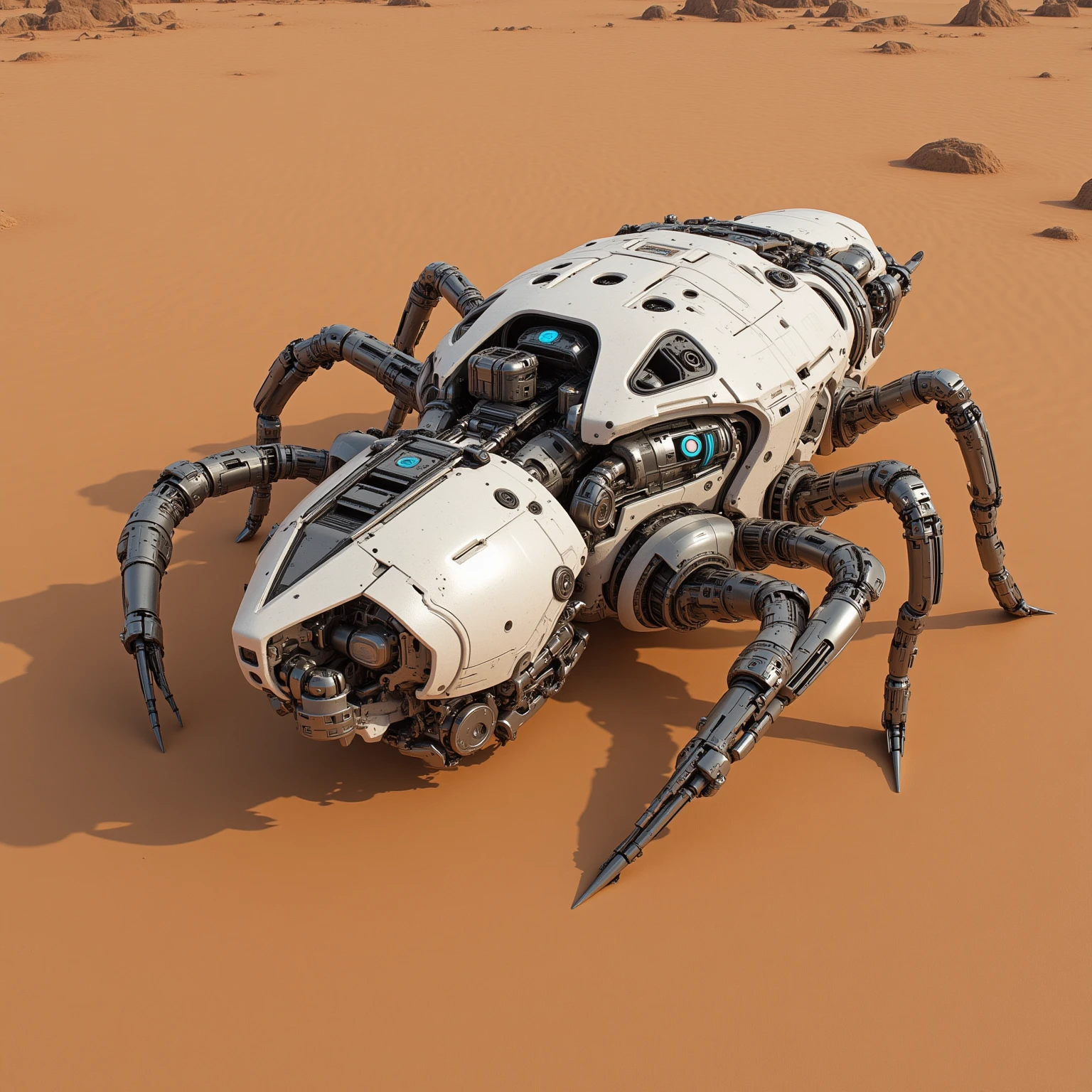 "Realistic, white armed beetle fixed turret with long 120 mm caliber gun, futurist, Of a dirtier, dusty white color due to the sandy terrain, seen from above, positioned on Mars terrain, Flying beetle, with technological details and evident mechanical structures. The 120 mm, é robusto e de design futurist, and luminous details in blue or red. The beetle has visible mechanics, motors and advanced sensors. Its metal structure and reinforced panels, Of the weapon of war. From the beetle, its movements raise dust"