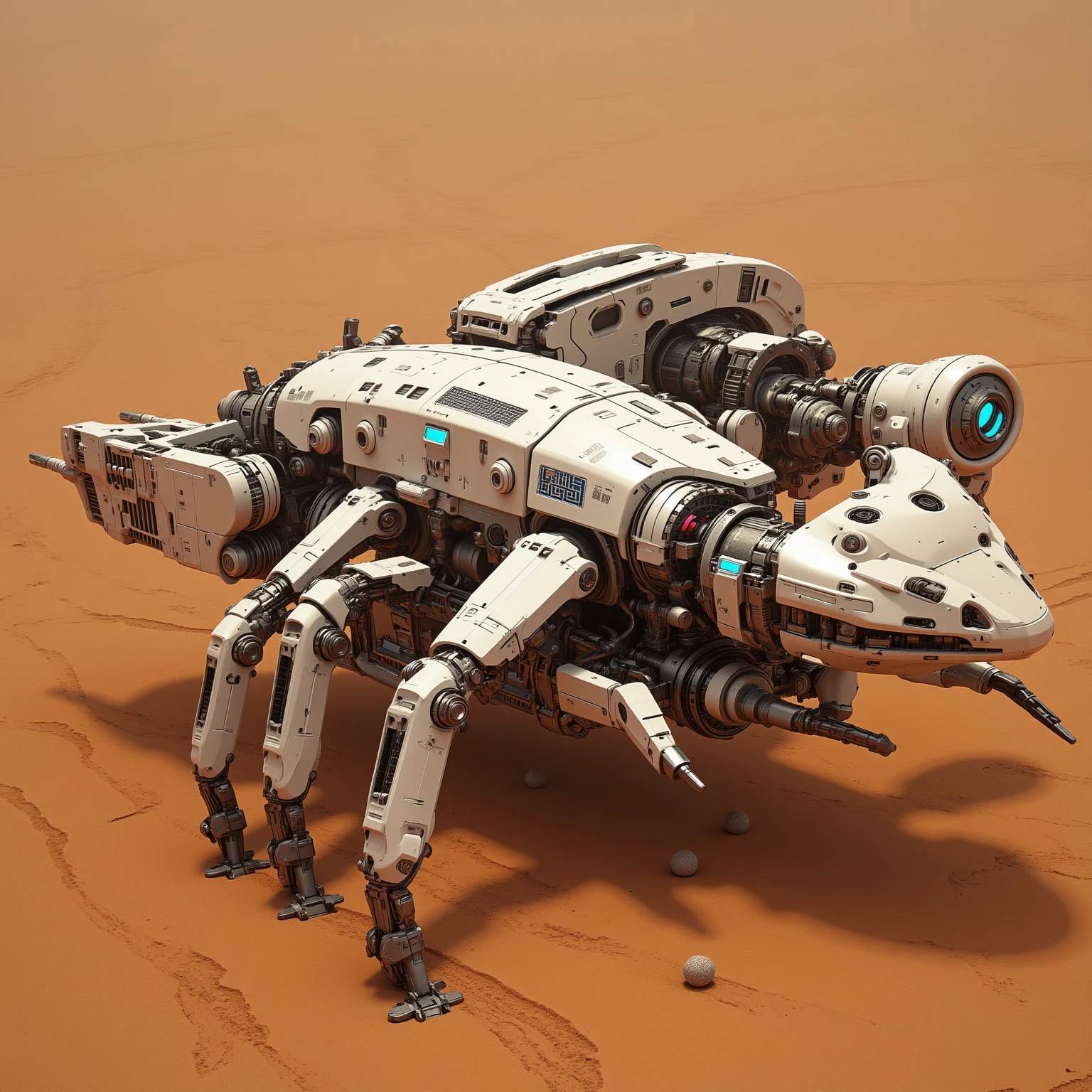 "Realistic, white armed beetle fixed turret with long 120 mm caliber gun, futurist, Of a dirtier, dusty white color due to the sandy terrain, seen from above, positioned on Mars terrain, Flying beetle, with technological details and evident mechanical structures. The 120 mm, é robusto e de design futurist, and luminous details in blue or red. The beetle has visible mechanics, motors and advanced sensors. Its metal structure and reinforced panels, Of the weapon of war. From the beetle, its movements raise dust"