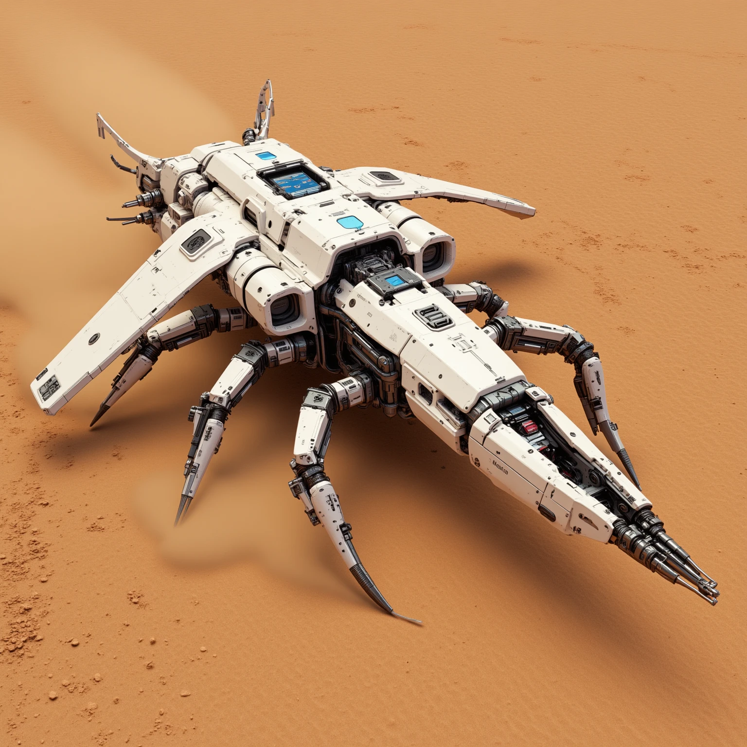 "Realistic, white armed beetle fixed turret with long 120 mm caliber gun, futurist, Of a dirtier, dusty white color due to the sandy terrain, seen from above, positioned on Mars terrain, Flying beetle, with technological details and evident mechanical structures. The 120 mm, é robusto e de design futurist, and luminous details in blue or red. The beetle has visible mechanics, motors and advanced sensors. Its metal structure and reinforced panels, Of the weapon of war. From the beetle, its movements raise dust"