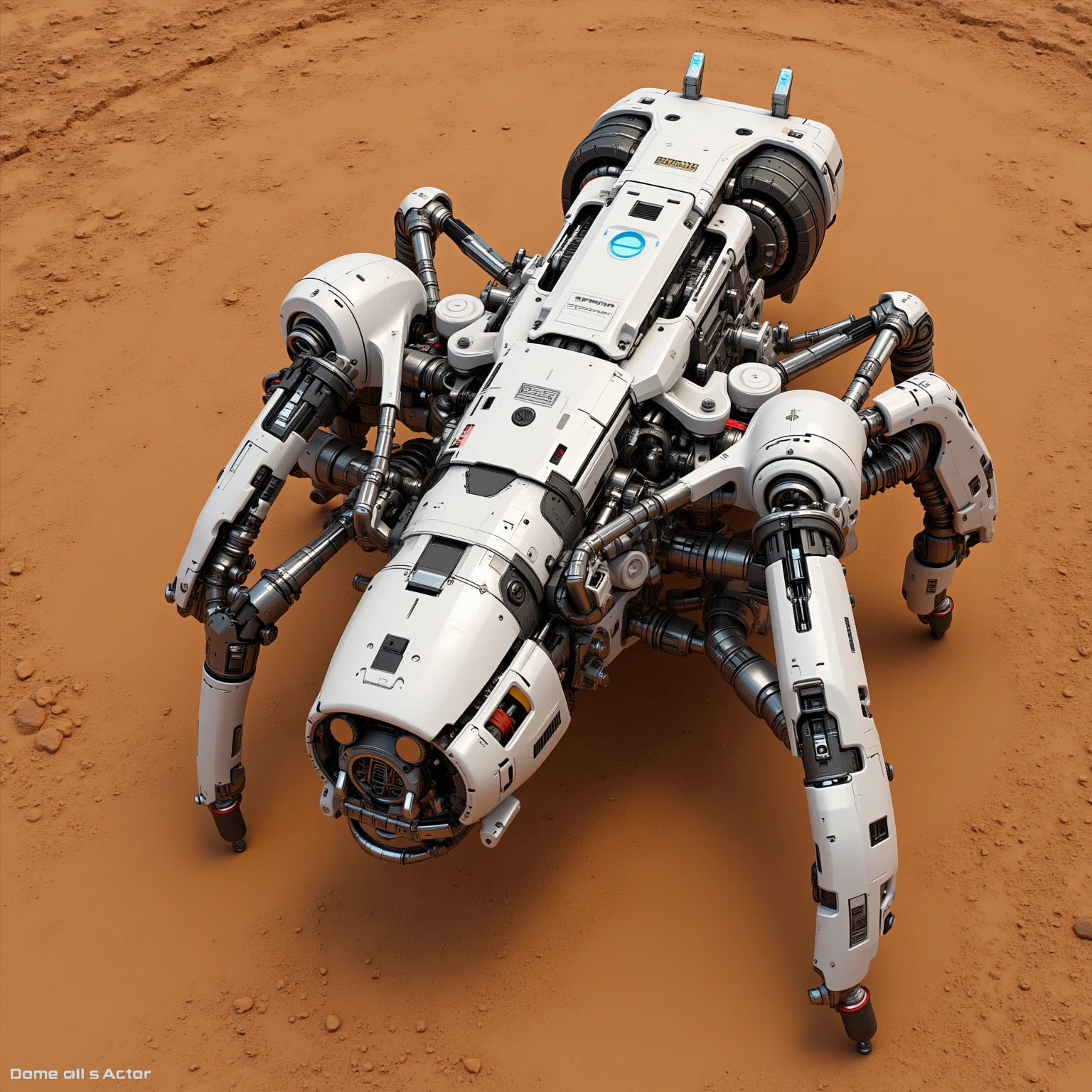 "Realistic, white armed beetle fixed turret with long 120 mm caliber gun, futurist, Of a dirtier, dusty white color due to the sandy terrain, seen from above, positioned on Mars terrain, Flying beetle, with technological details and evident mechanical structures. The 120 mm, é robusto e de design futurist, and luminous details in blue or red. The beetle has visible mechanics, motors and advanced sensors. Its metal structure and reinforced panels, Of the weapon of war. From the beetle, its movements raise dust"
