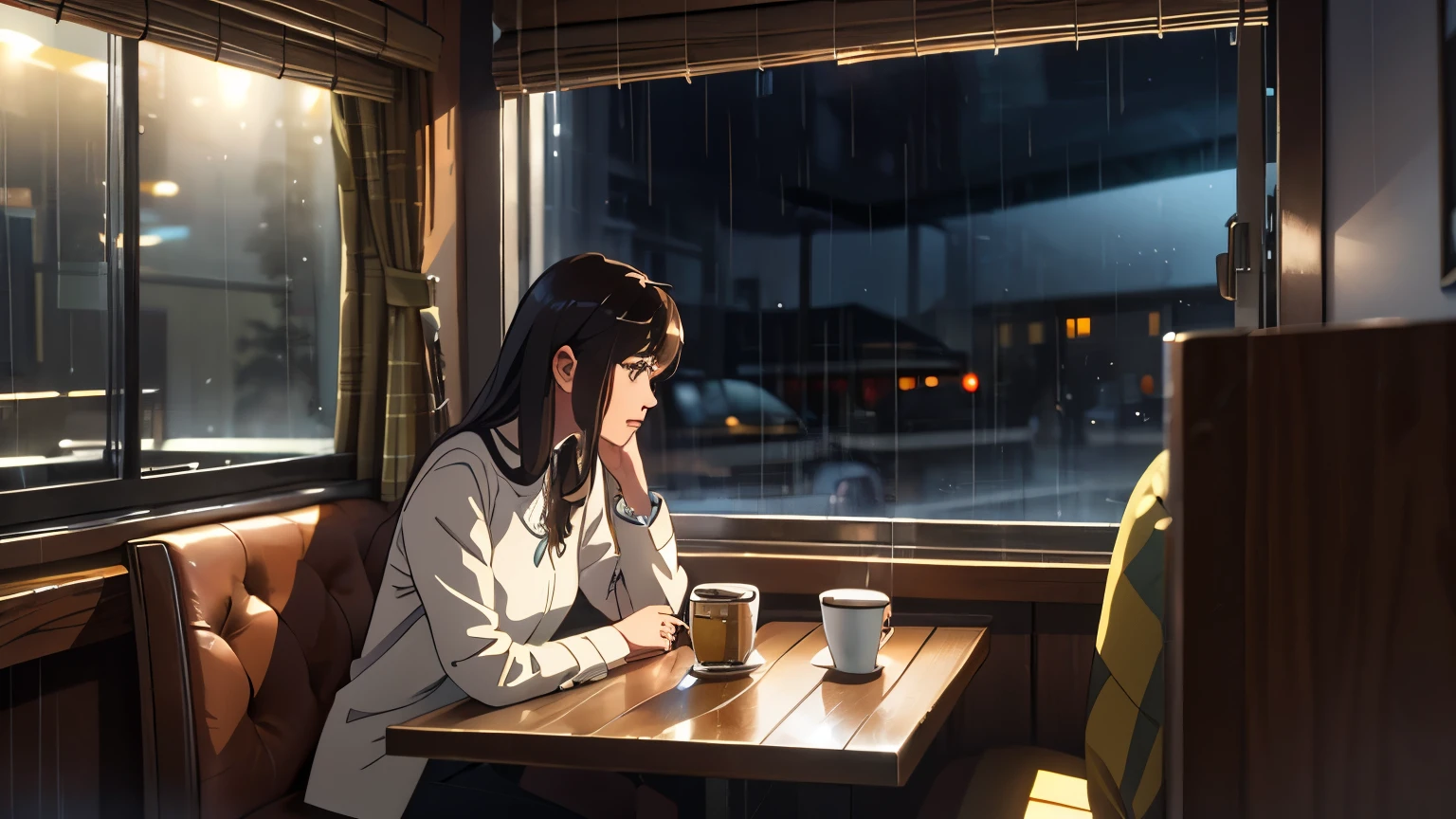 There is a woman sitting at a table with a cup of coffee - SeaArt AI