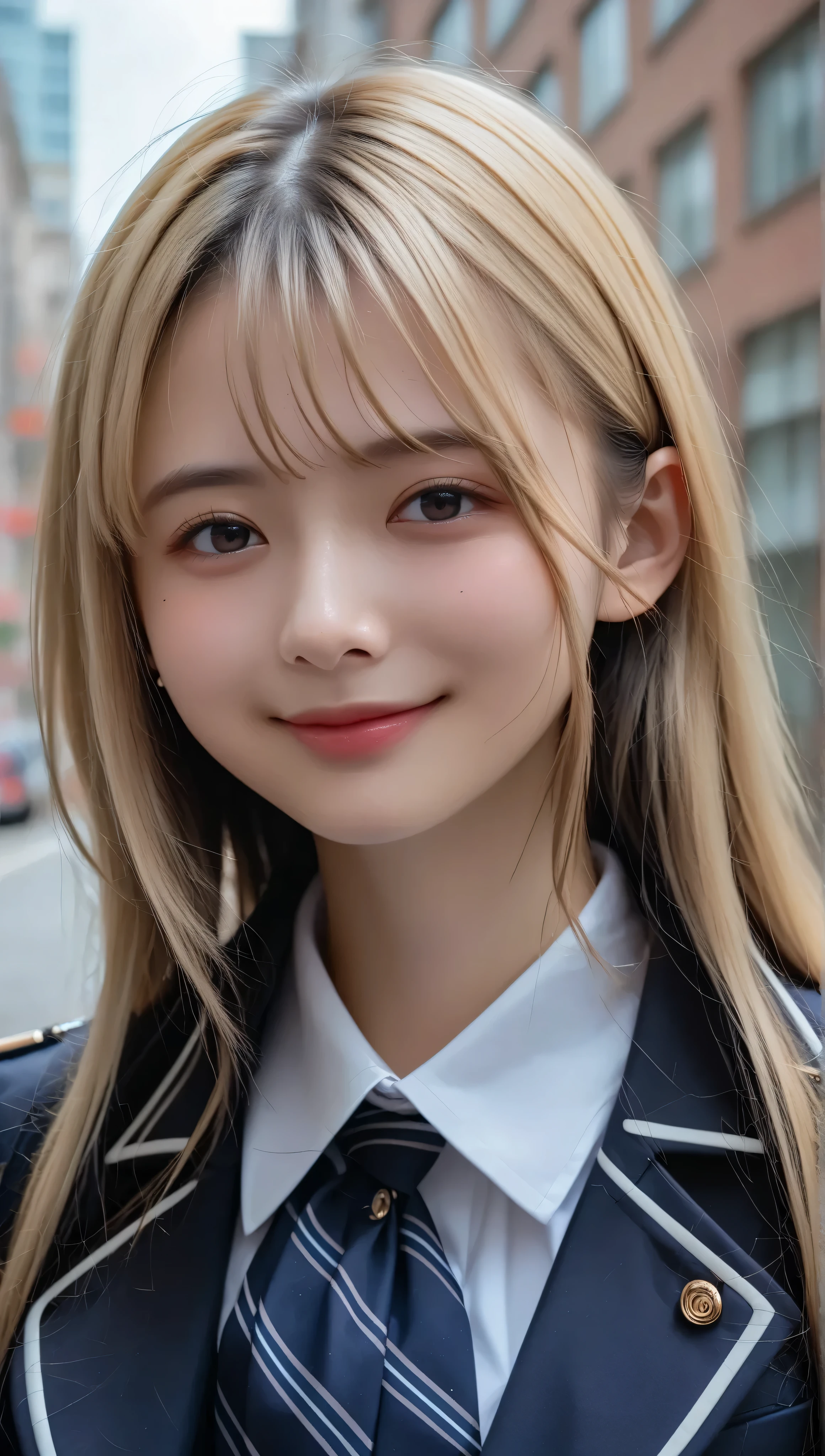 score_9, score_8_up, score_7_up, super detailed, BREAK Complete Anatomy , 32K, masterpiece , TOP QUALITY, super high definition , beautiful face and eye details , beautiful Japanese woman , blonde hair, invalid,smile, steam, school uniform, blazer, with modern style fitted jacket, miniskirt and tights , put your hands on your back, big breasted , huge girl with a building slouching , It's bent to 。 from a certain point of view , video viewers,town