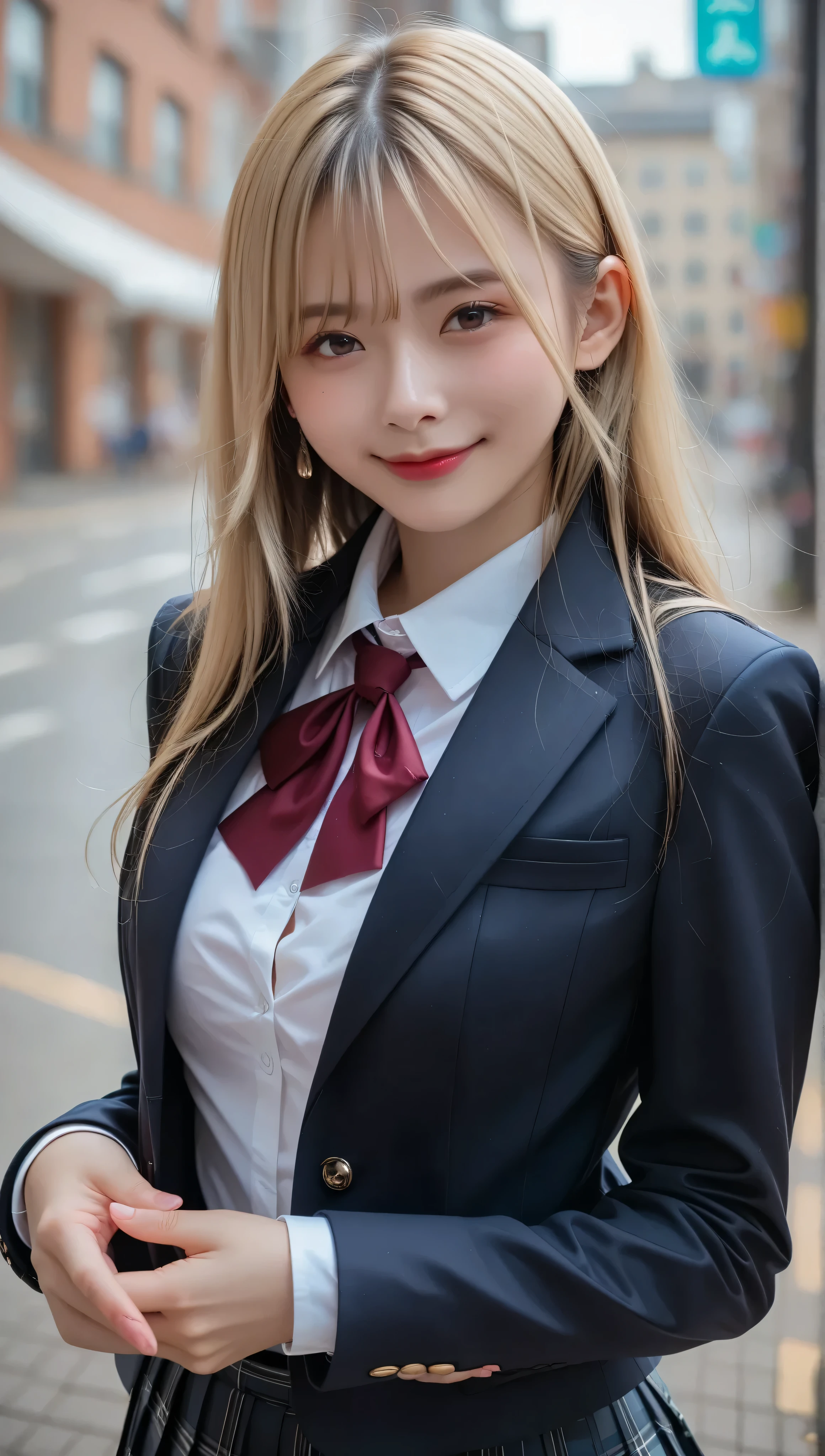 score_9, score_8_up, score_7_up, super detailed, BREAK Complete Anatomy , 32K, masterpiece , TOP QUALITY, super high definition , beautiful face and eye details , beautiful Japanese woman , blonde hair, invalid,smile, steam, school uniform, blazer, with modern style fitted jacket, miniskirt and tights , put your hands on your back, big breasted , huge girl with a building slouching , It's bent to 。 from a certain point of view , video viewers,town