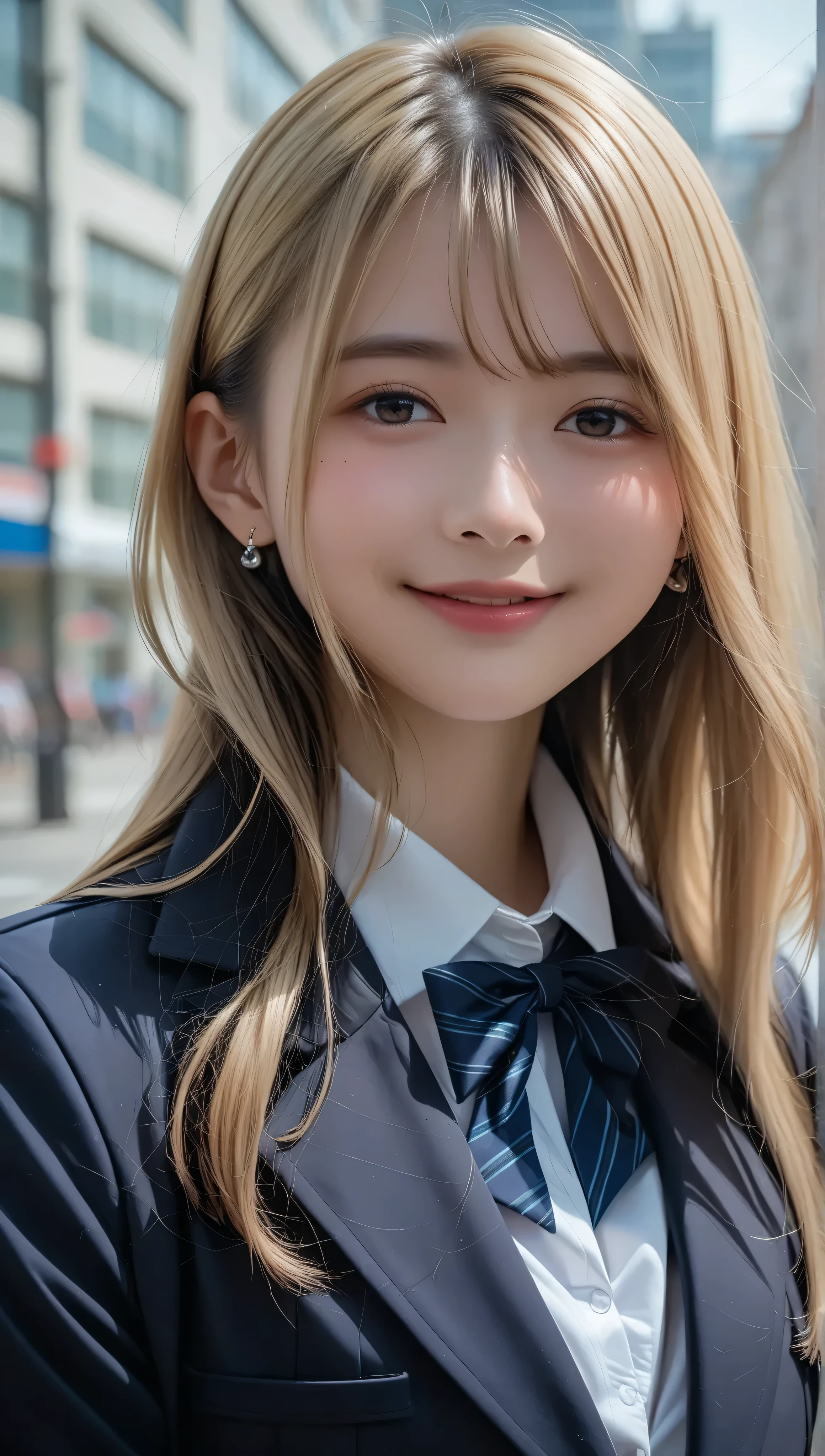 score_9, score_8_up, score_7_up, super detailed, BREAK Complete Anatomy , 32K, masterpiece , TOP QUALITY, super high definition , beautiful face and eye details , beautiful Japanese woman , blonde hair, invalid,smile, steam, school uniform, blazer, with modern style fitted jacket, miniskirt and tights , put your hands on your back, big breasted , huge girl with a building slouching , It's bent to 。 from a certain point of view , video viewers,town