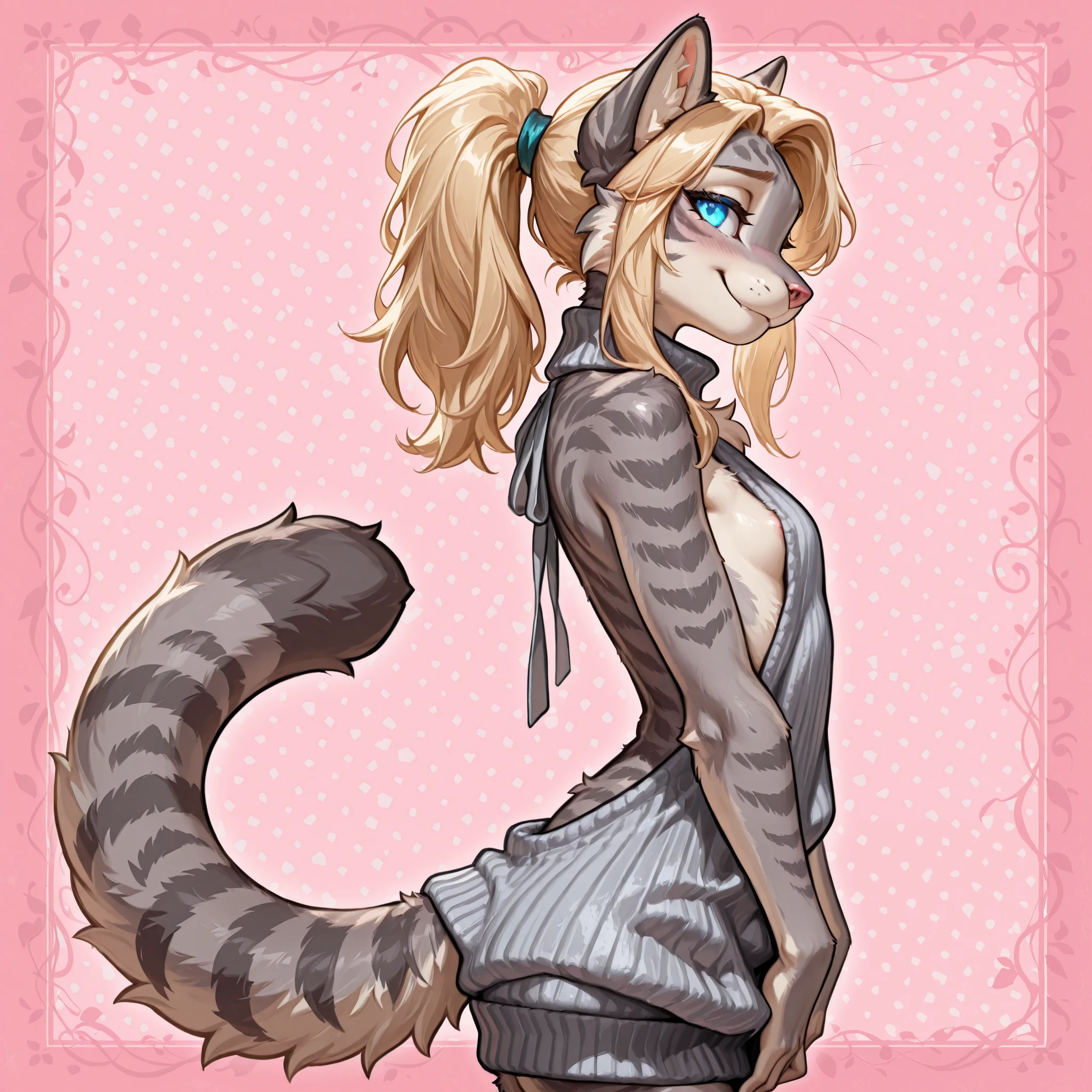 masterpiece, best quality, amazing quality, high resolution, absurdres, newest,         solo, countershading, katxl ,adult female,  Anthro furry feline, glowing blue eyes, grey striped fur, striped tail,  cheek fluff, blonde hair, ponytail, side locks, small chest size, shy smile,  side view, side boob, wearing only a grey virgin killer sweater, standing, abstract pink background 