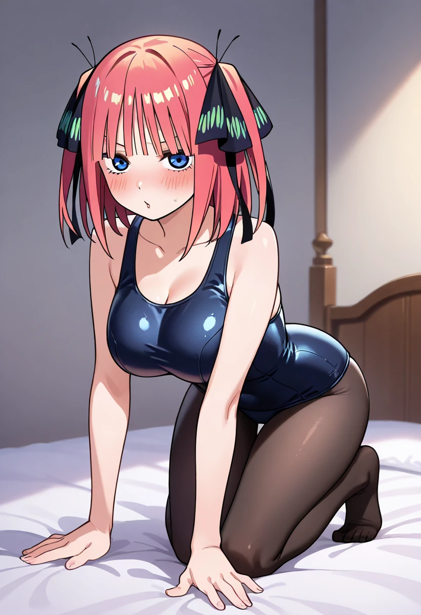 best quality, ultra-detailed masterpiece, nino nakano, one-piece swimsuit, breasts, pantyhose, blush, smile, pussy, cushion, bed room, nsfw