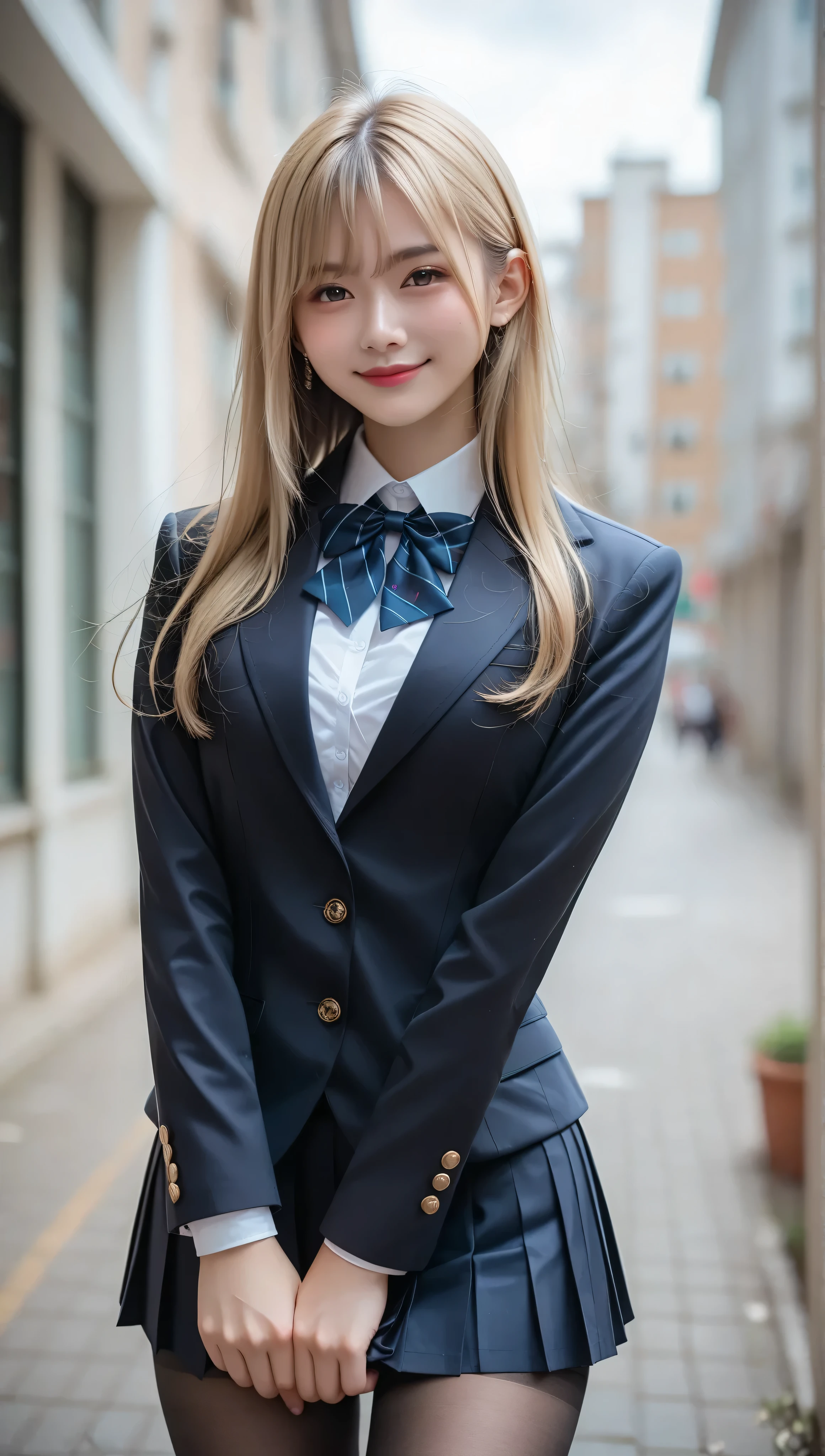 score_9, score_8_up, score_7_up, super detailed, BREAK Complete Anatomy , 32K, masterpiece , TOP QUALITY, super high definition , beautiful face and eye details , beautiful Japanese woman , blonde hair, invalid,smile, steam, school uniform, blazer, with modern style fitted jacket, miniskirt and tights , put your hands on your back, big breasted , huge girl with a building slouching , It's bent to 。 from a certain point of view , video viewers,town