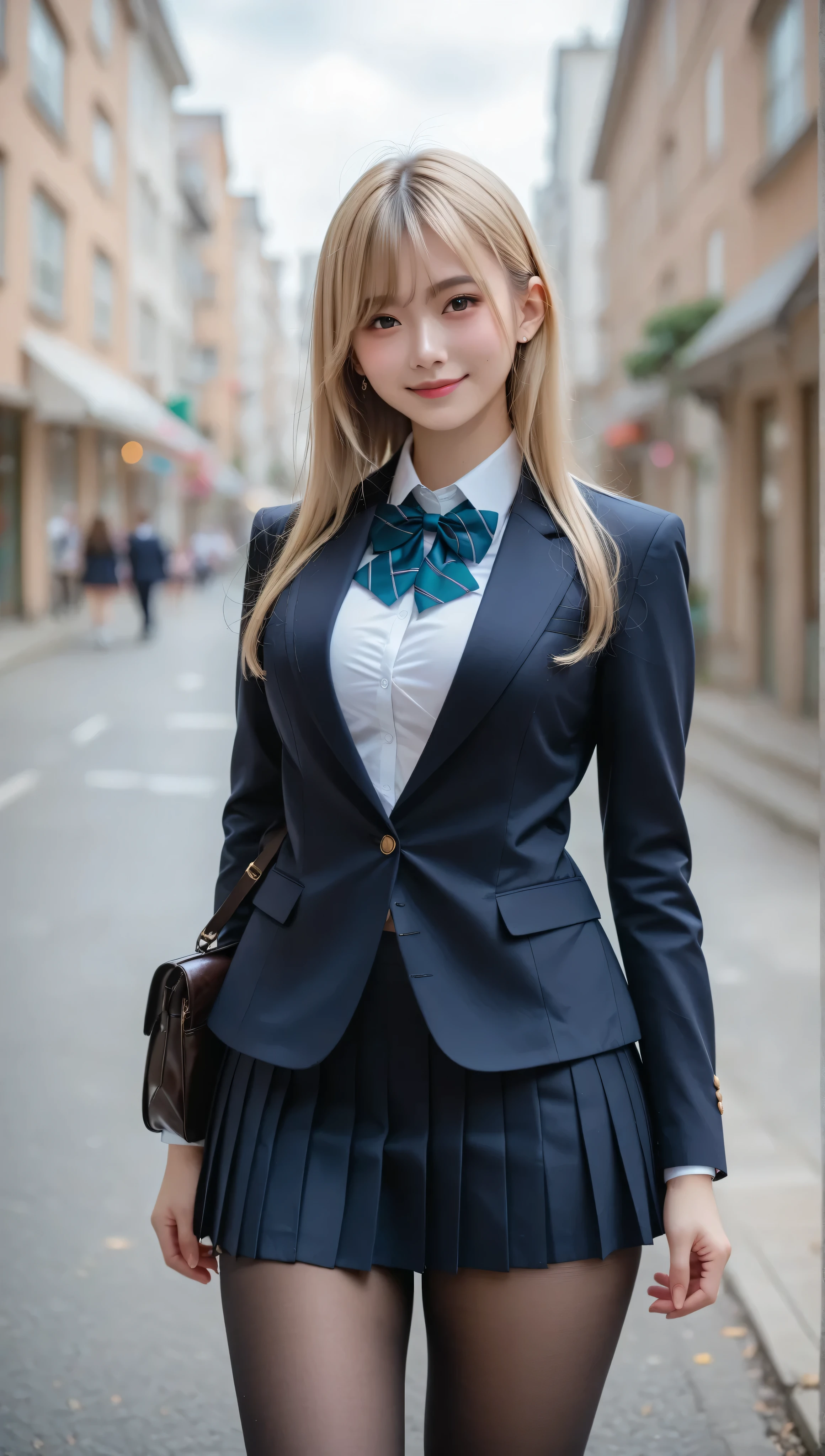 score_9, score_8_up, score_7_up, super detailed, BREAK Complete Anatomy , 32K, masterpiece , TOP QUALITY, super high definition , beautiful face and eye details , beautiful Japanese woman , blonde hair, invalid,smile, steam, school uniform, blazer, with modern style fitted jacket, miniskirt and tights , put your hands on your back, big breasted , huge girl with a building slouching , It's bent to 。 from a certain point of view , video viewers,town