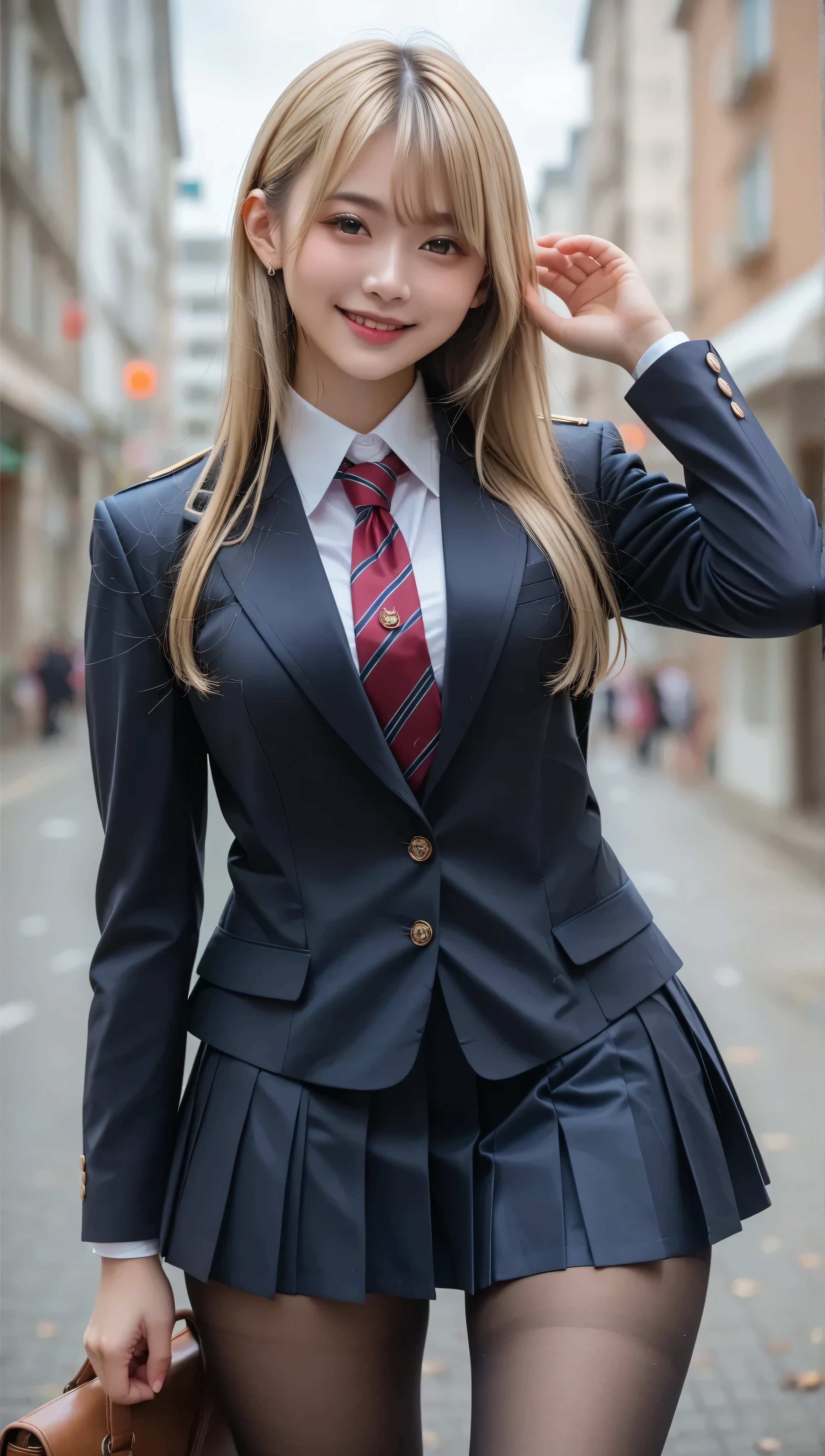   score_9,  score_8_up,  score_7_up, super detailed,  BREAK Complete Anatomy  , 32K,   masterpiece , TOP QUALITY, super high definition ,  beautiful face and eye details ,  beautiful Japanese woman , blonde hair, invalid,smile, steam,  school uniform,  blazer,   with modern style fitted jacket, miniskirt and tights ,  put your hands on your back, big breasted ,  huge girl with a building slouching , It's bent to 。 from a certain point of view  , video viewers,town