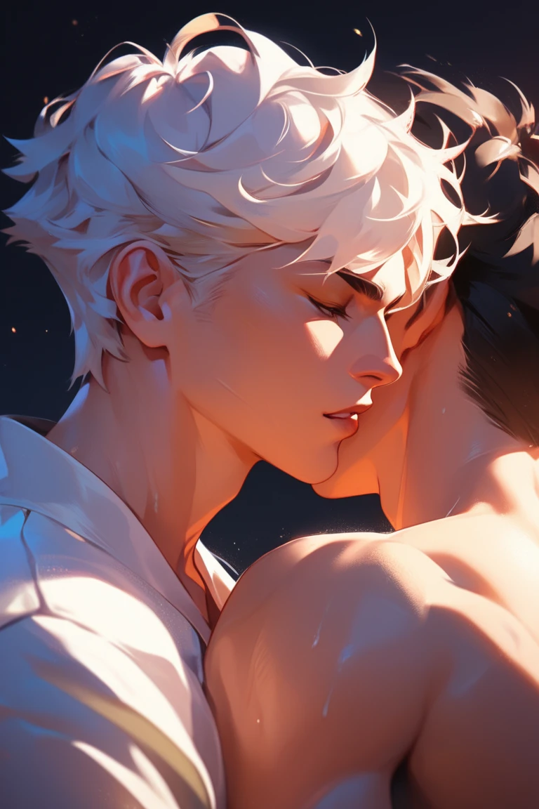 Stunning dark fantasy of 2 males, 25 year old anime male assassins, with long black/white hair, tied up, freckled skin, intimatelykissing, hugging romantic, handsome, eyes blue, facial expressions of lust, Dark fantasy romantic semirealistic manga comic style. Volumetric and dynamic lighting. Hyperdetailed photorealistic hyperrealistic