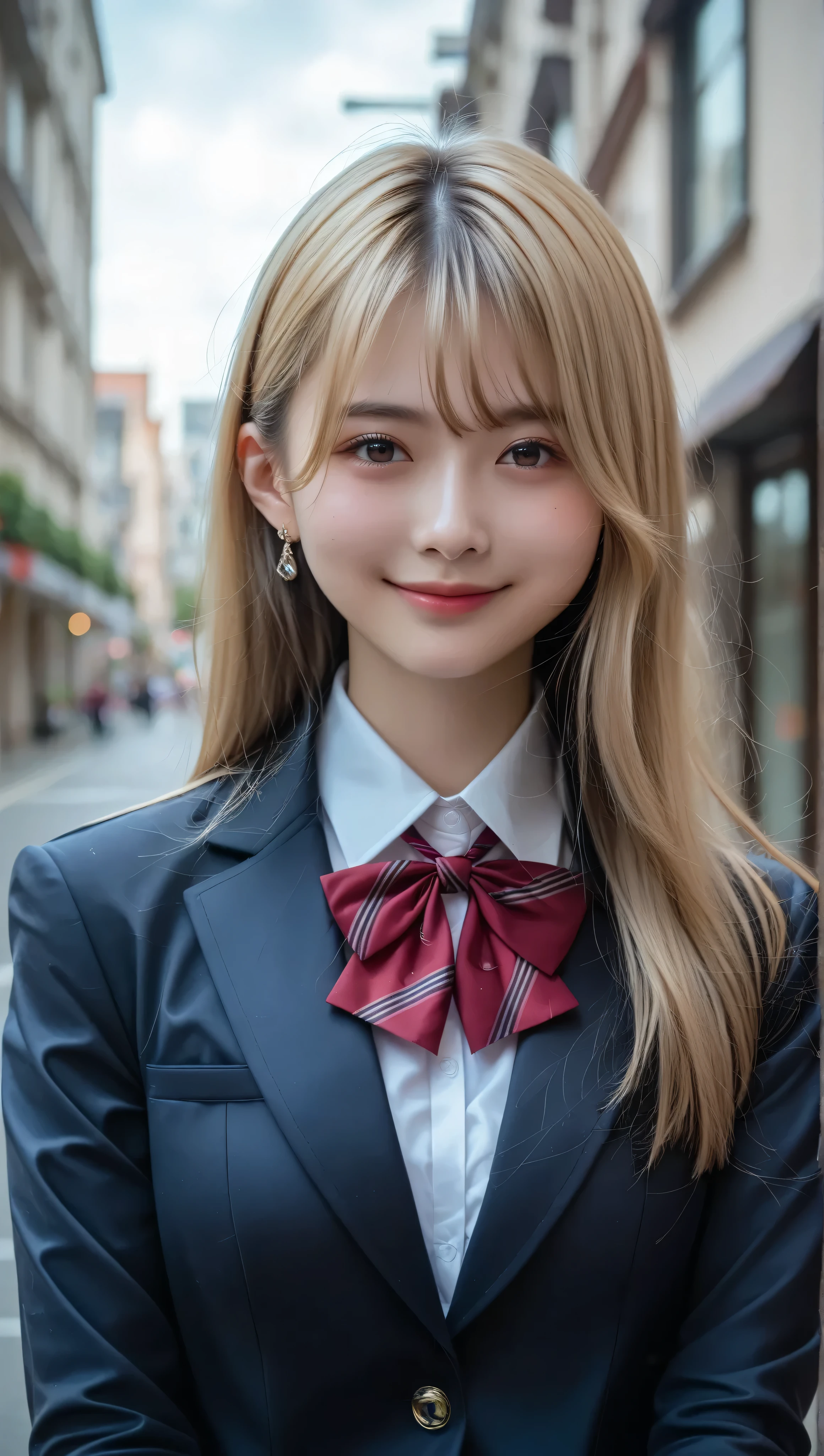 score_9, score_8_up, score_7_up, super detailed, BREAK Complete Anatomy , 32K, masterpiece , TOP QUALITY, super high definition , beautiful face and eye details , beautiful Japanese woman , blonde hair, invalid,smile, steam, school uniform, blazer, with modern style fitted jacket, miniskirt and tights , put your hands on your back, big breasted , huge girl with a building slouching , It's bent to 。 from a certain point of view , video viewers,town