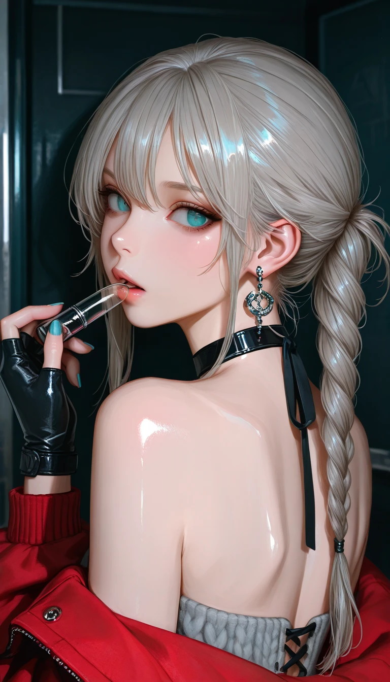 (((NSFW1.5))),realistic, table top, highest quality, Raw photo, 1 girl, alone, twin tails, silver hair, detailed face, fascinating face, earrings、sharp eyes、choker、neon shirt、open jacket、crop top, medium breasts, dynamic pose, looking at the viewer, from below, detailed background, Detailed, intricate details, ray tracing, Depth of the bounds written, low key, nffsw,erect nipples, big breasts