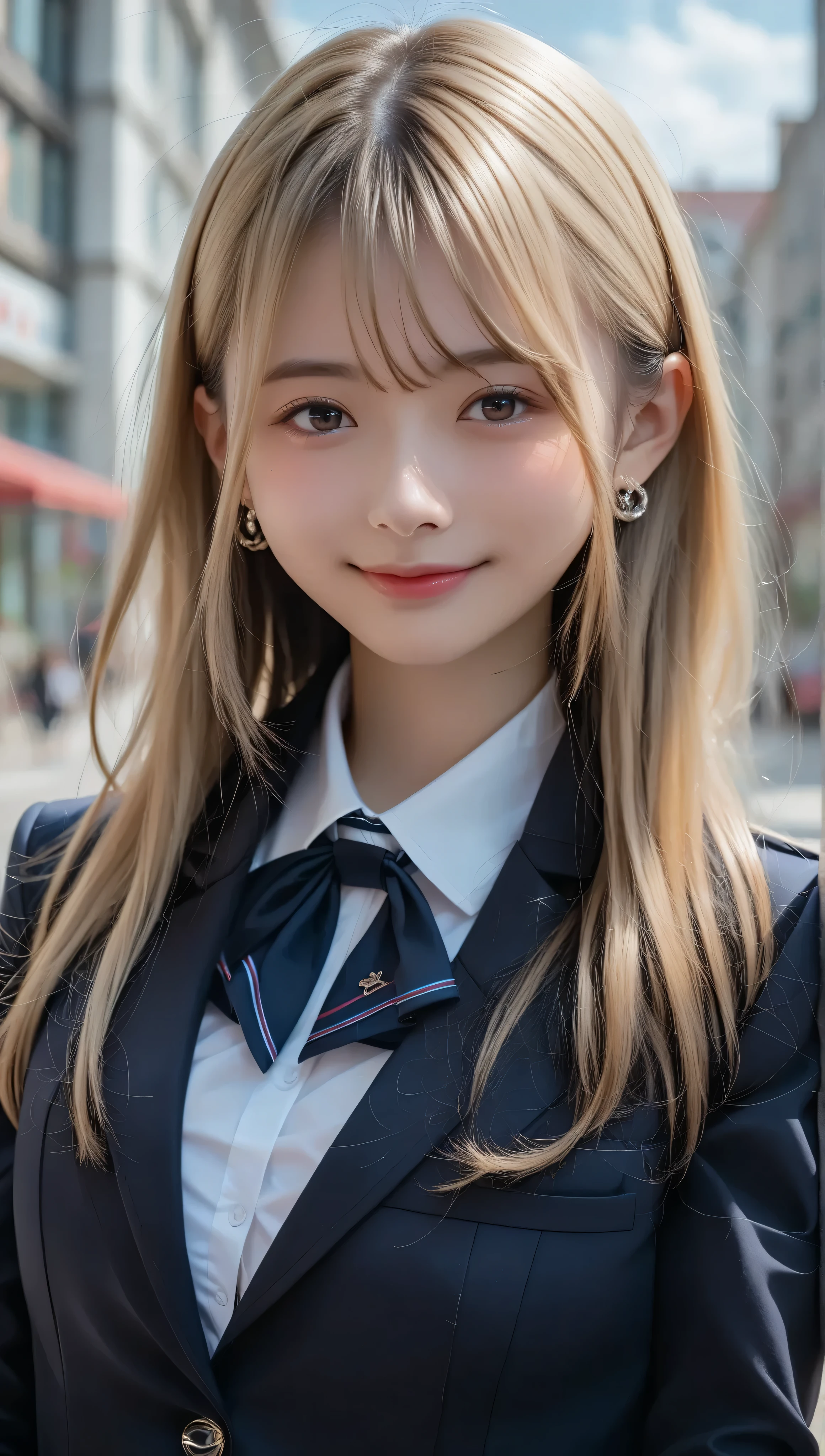 score_9, score_8_up, score_7_up, super detailed, BREAK Complete Anatomy , 32K, masterpiece , TOP QUALITY, super high definition , beautiful face and eye details , beautiful Japanese woman , blonde hair, invalid,smile, steam, school uniform, blazer, with modern style fitted jacket, miniskirt and tights , put your hands on your back, big breasted , huge girl with a building slouching , It's bent to 。 from a certain point of view , video viewers,town