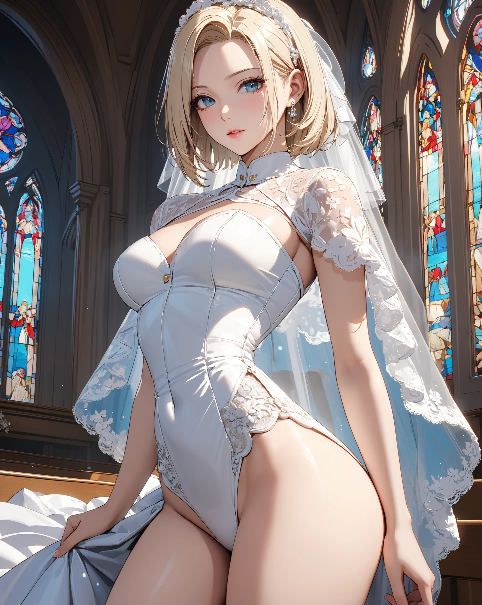 Beautiful 20 year old woman, (((blond updo))),(((Miniskirt Prom Dresses))), (mini skirt),(White panties)、church、(((Photo taken from below)))、Panty shot