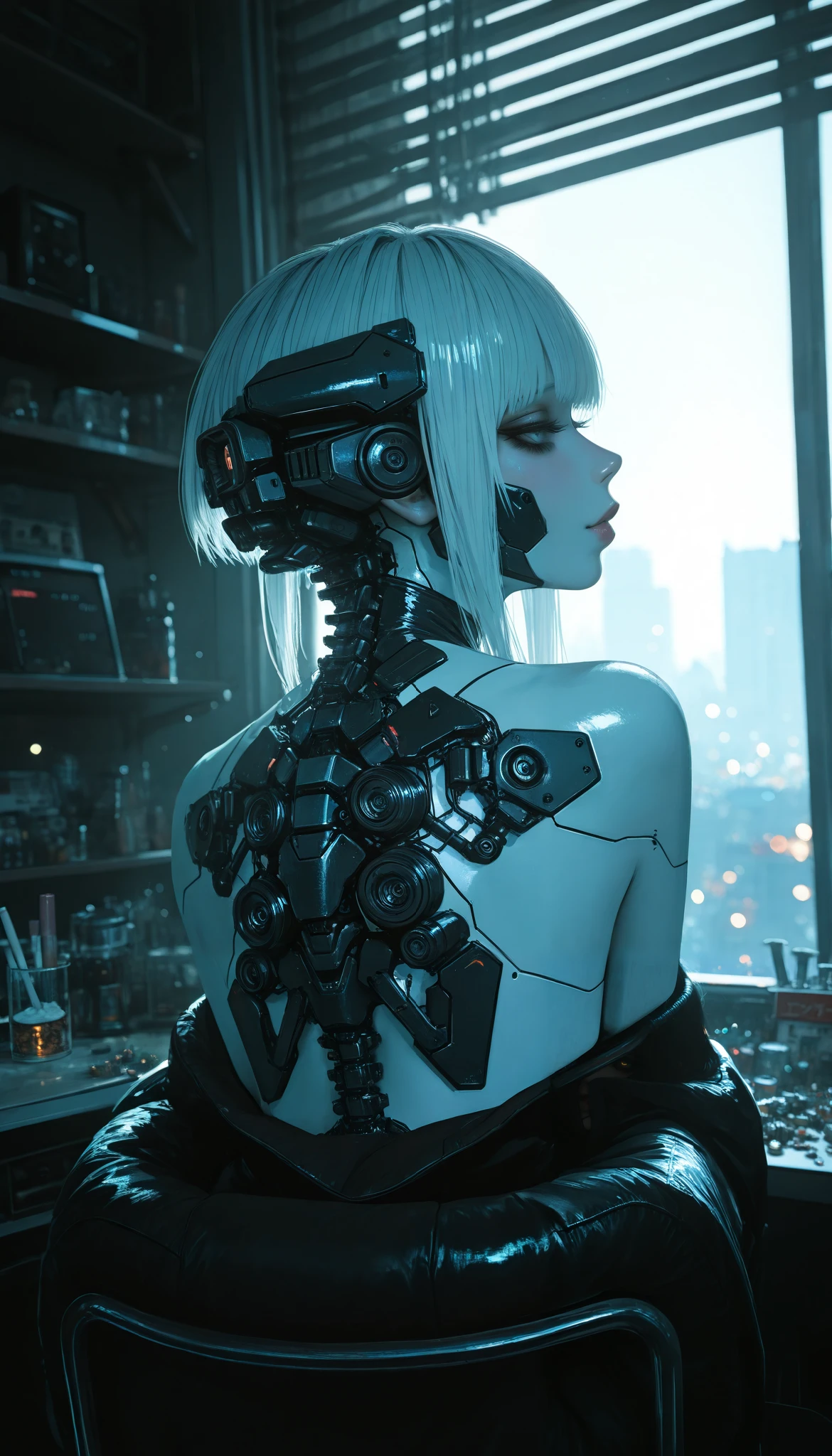the best quality, masterpiece, highres,upon_ Body, Tyndall effect ,photorealistic, edge lighting, two-tone lighting,(high definition skin:1.2), 8K uhd, DSLR quality, soft lighting , High quality, volumetric lighting, sincere, de 8K , dementia, 4k, 8K, bokeh,SEX, back,Cyberpunk gears,city,giant window,chair,luxury, Future, technology,drugs,profile,detailed in black and white, an intricate line drawing, a very detailed anatomy , erotic, sensual, Explícita, suggestive, beautiful and detailed eyes, beautiful detailed lips, extremely detailed face, long eyelashes, seductive expression , pose provocativa, dynamic composition, HIGH CONTRAST, dramatic lighting, melancholic atmosphere , erotic, sensual, Explícita, suggestive, Beautiful detailed eyes, beautiful detailed lips, extremely detailed face, long eyelashes, seductive expression , pose provocativa, dynamic composition,