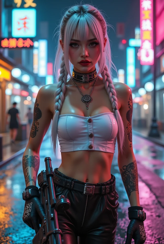 (((of the highest quality: 1.4))),(unparalleled masterpiece ever), (Ultra high definition),(Ultra-realistic 8K CG, camera view from behind), offcial art、 (((adult body, super huge enormously gigantic tits, cleavage showing))), (((1girl in))), ((( Bob Shorthair ))), Punk girl with a perfect body, Jacket with metal spines,Beautiful and well-groomed face,Fancy makeup,Detailed punk fashion,leather jackets, (Image from head to thigh),((Platinum white Bob Shorthair )), Harajuku-inspired hooded Small leather panties, Simon Bisley's urban savage style,Detailed street background of London,Clean abs, Complex graphics, dark pink with white stars and gray and white stripeany poisonous tattoos )), piercings,