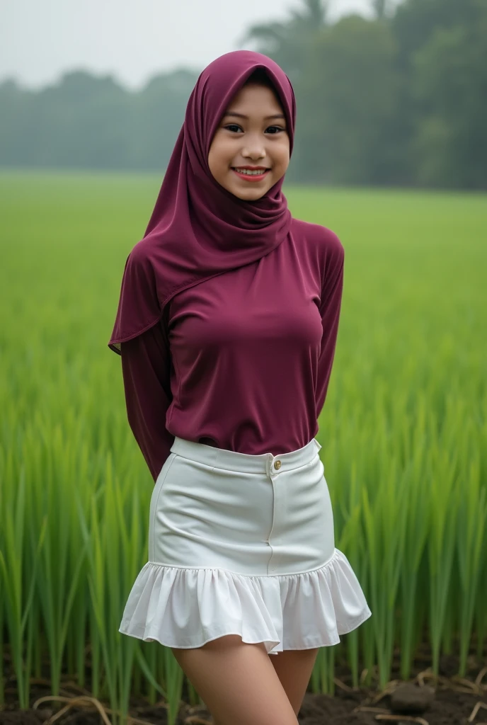 Realistic human malay girl wearing skirt and hijab stay at kampung with old malay people