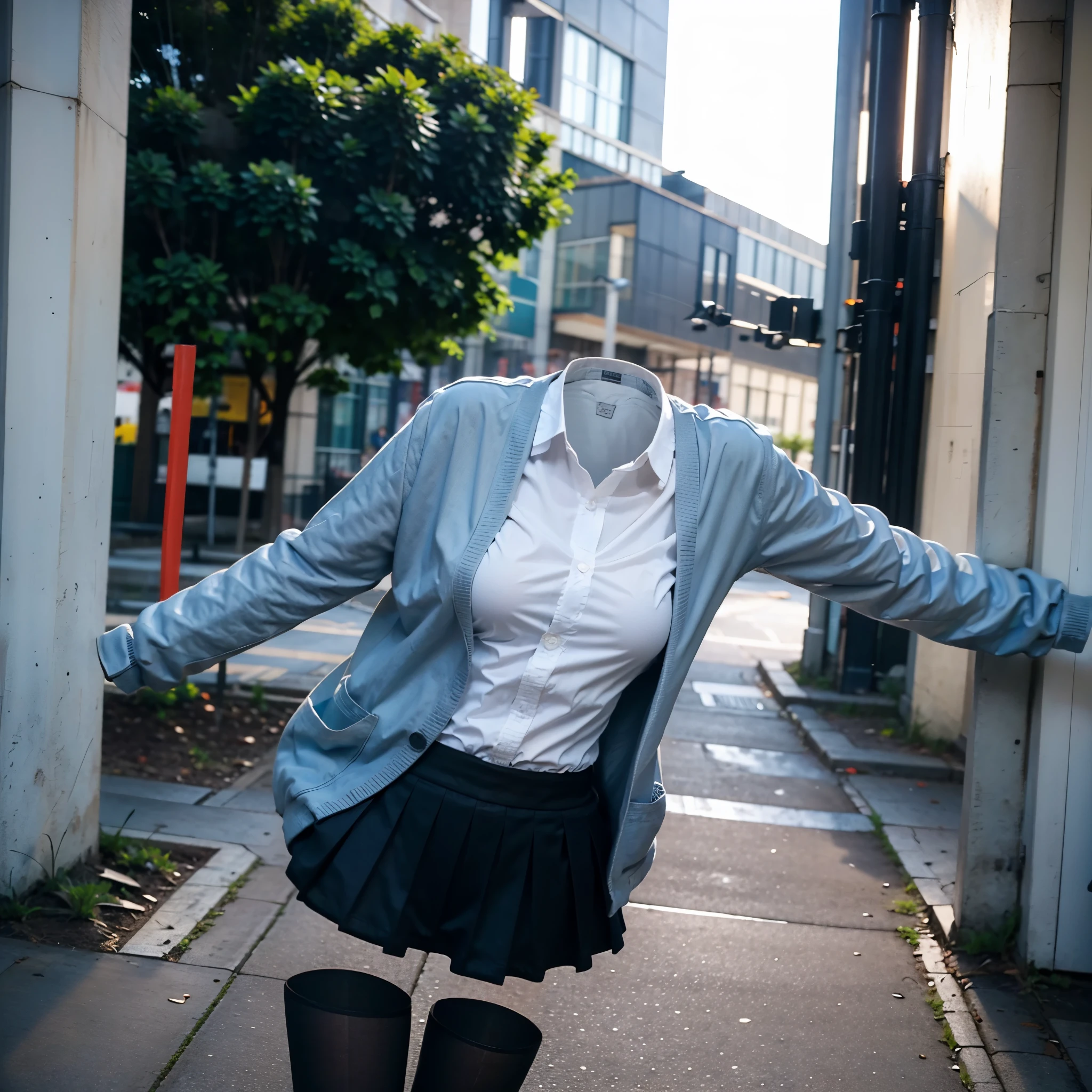 invisible, headless, faceless, masterpiece, best quality, navy-blue skinny jeans, white boots, pink blouse, large breasts, sexy, simple background, single background