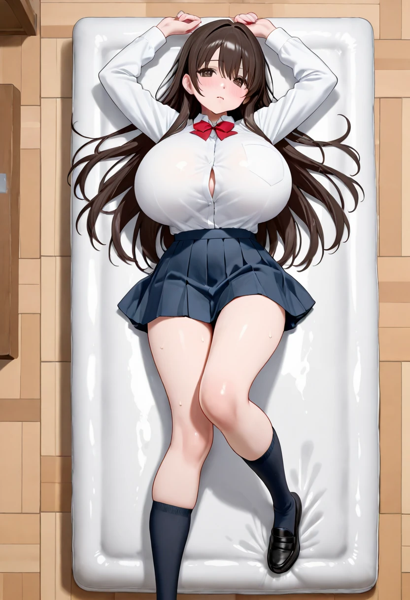 A Female robot is sleeping in bathtub, spread legs, nude, banzai pose. she wears no dress. She Brown short hair is tied with two big red clothespins, She lifts up the under hem of her white plain dress, leaning over, masterpiece, very short pigtails,brown hair, mature, android, blue eyes, full body figure, Height: 160cm, flushed cheeks, 2020s anime picture, A beautiful robot with short brown hair in two short pigtails held up by two very large huge red clothespins, Uplifting, No NSFW, whole body, barefoot, archaic smile, getting orgasm, 25 years old, sweat bucket.