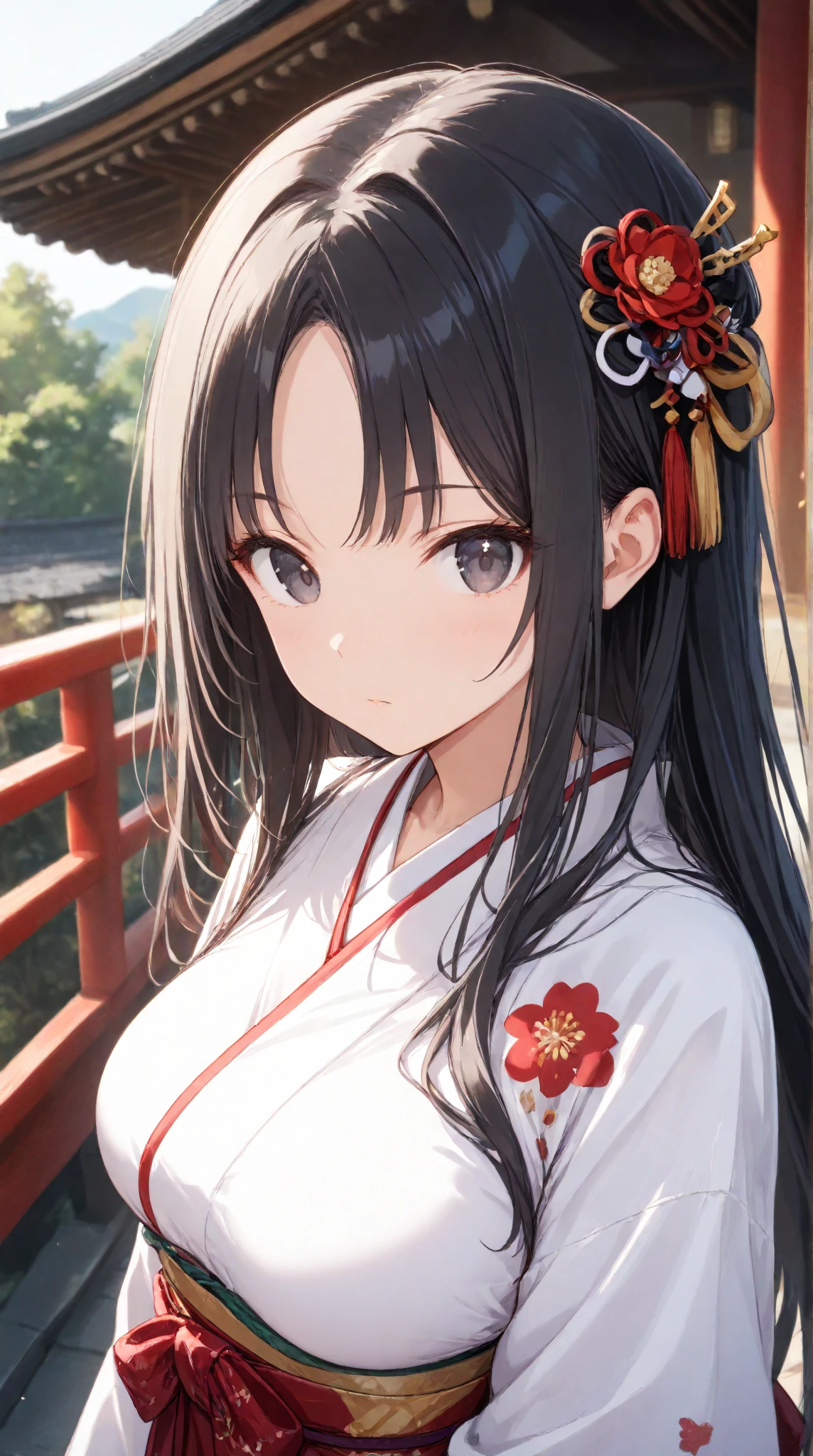 (masterpiece),(Highest quality),(Very detailed),(Best illustrations),(so beautiful), Perfect Face, Perfect hands, Perfect Fingers, Saggy breasts, so beautiful長い脚, Black Hair, Red eyes, Long Hair, princess_cut, Removable sleeves, skirt, Frills, red skirt, Wide sleeves, Red Shirt, frilled skirt,Sleeves edged with ribbon, Frillsシャツの襟, Bare shoulders, skirt, Non-traditional Shrine Maiden, face focus