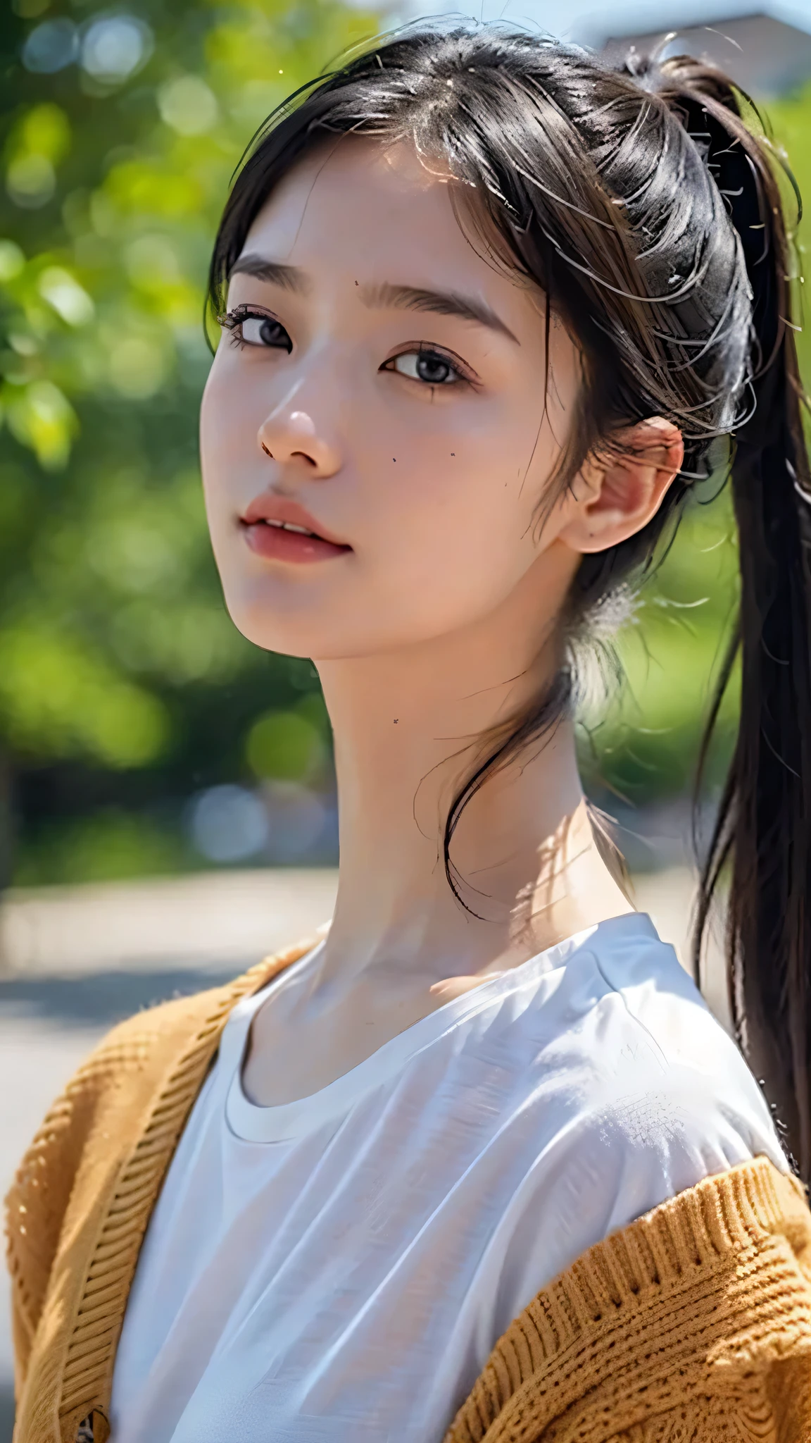 Wearing black underwear、Wear a white T-shirt over it,Black underwear is showing through,Black underwear shows through the T-shirts with wide neck openings,Bra straps are showing,jeans,outdoors,Urban Park,On the lawn,One woman,close up face,fully body photo,masutepiece, The highest image quality, High quality, the background is clear,Beautiful woman, Japanese, Detailed, Detailed eyes, Detailed skin, Beautiful skin, 超hight resolution, (reality: 1.4),Very beautiful woman, Slightly younger face, Beautiful skin, slender, (Ultra photo realsisim), (hight resolution), (8K), (Very detailed) (beautifully detailed eyes), (super detailed), (Detailed face), view the viewer, Fine details, Detailed face, Staring straight ahead, Staring straight ahead, photos realistic, Bright lighting, Professional Lighting, Black hair,poneyTail,a baby face,sixteen years old,Hairstyle: ponytail,Long ponytail hairstyle,slight smile,