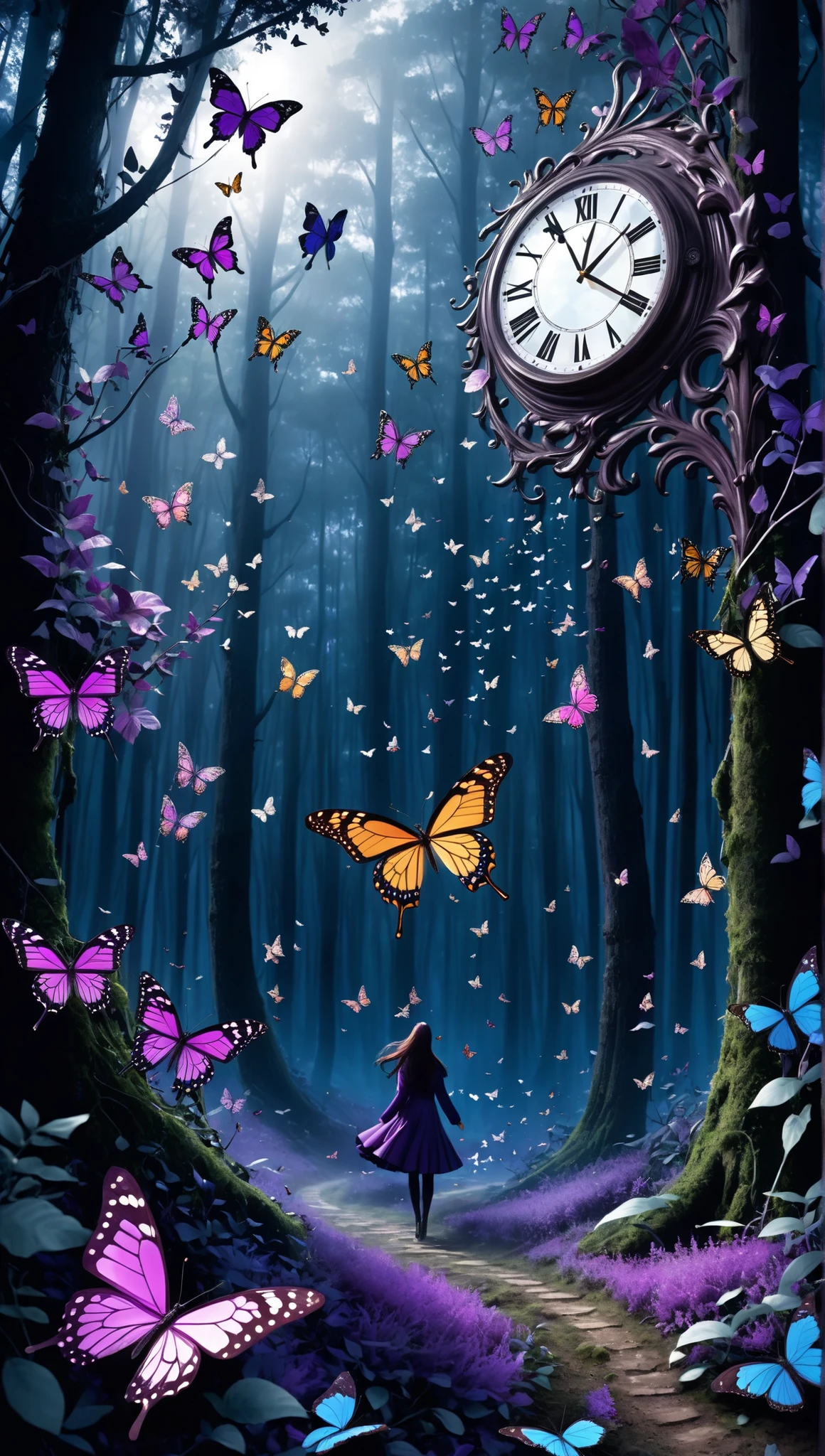 Fantasy World, (Valley of Butterflies:1.4),(蝶の群1.3)、rugged terrain, complex composition ,(Complicated perspective :1.3)
Nobody Knows A Flock of Butterflies Holding Their Purple Feathers in a Winter Valley
No matter when spring comes around, the purple color fades and a group of butterflies that won't make it through summer
It's a butterfly that has transformed several times, if you want to keep flying forever, abandon the appearance of a butterfly and only change to your heart; a butterfly that has transformed several times if you want to keep dancing forever, throw away the illusions of the past and change like the wind
It's a butterfly destined to perish, don't be so sad, it's not that sad that it can fly even once, it also has a life to return to the earth, it's a butterfly doomed to perish, if you want to keep flying in the sky, sleep while believing that one day you can become an angel
A group of butterflies dreaming of spring by shedding purple feathers in windy winter valleys,(Putty Dark Forest :1.3),(The big mirror clock:1.3)