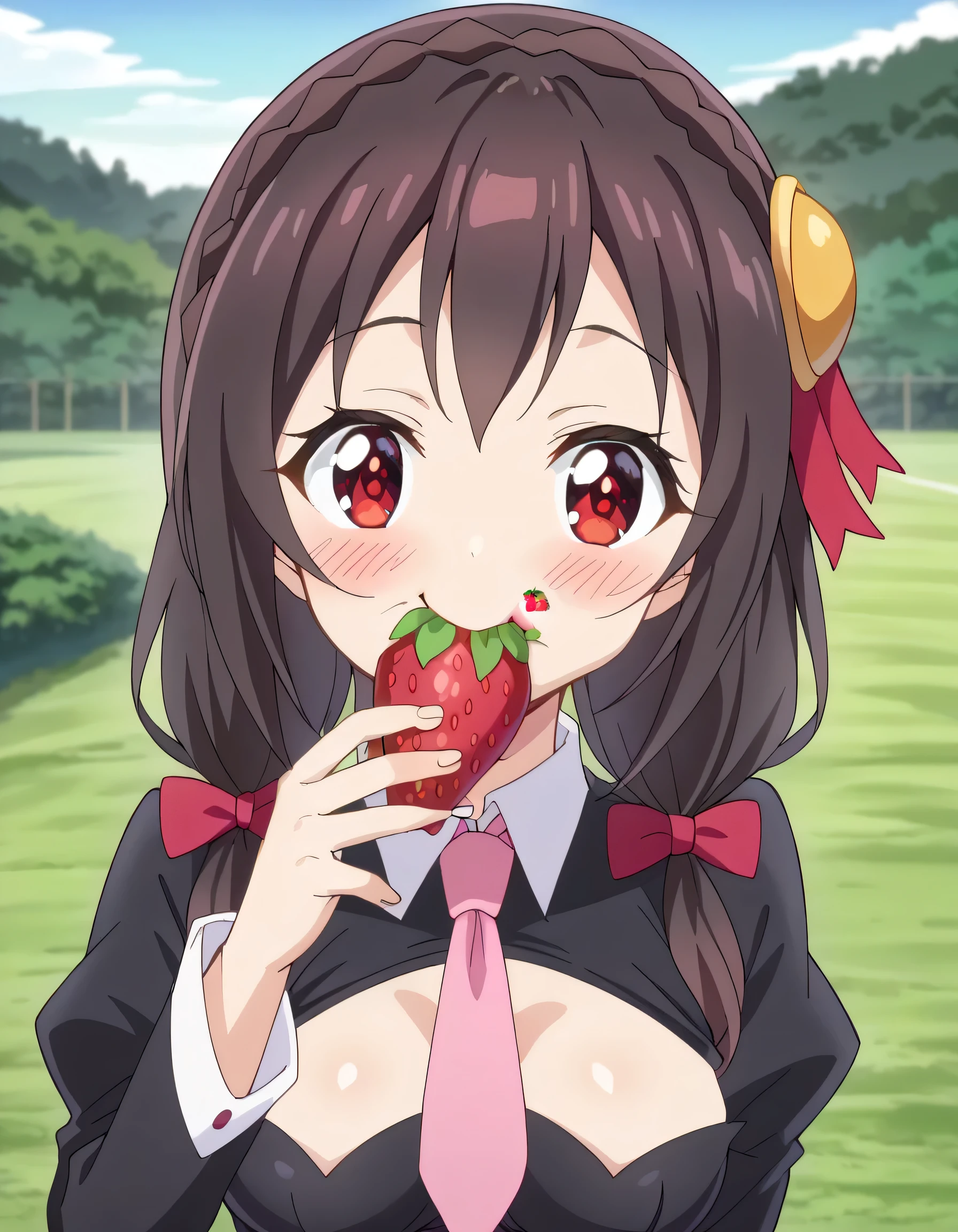 alone, One girl, Yunyun, (Surprised smile:1.5)、 (blush:1.5)、Crown braids of the same color as your hair, Red Eyes、hair ornaments, Hair Ribbon, Pink tie, Long sleeve, Pink Skirt, Knee socks, Cleavage,  The background is a watermelon field、Holding a watermelon