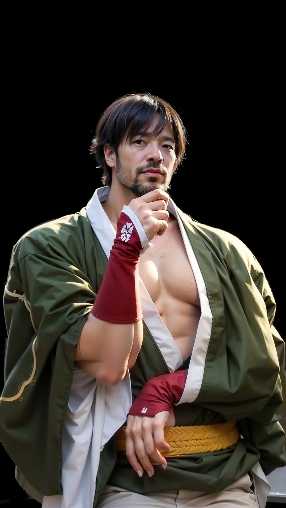 masculine hairy handsome senior Japanese men, wearing only white loincloth, short hair, full-body, hairy chest sweating,((highest quality)),(detailed)