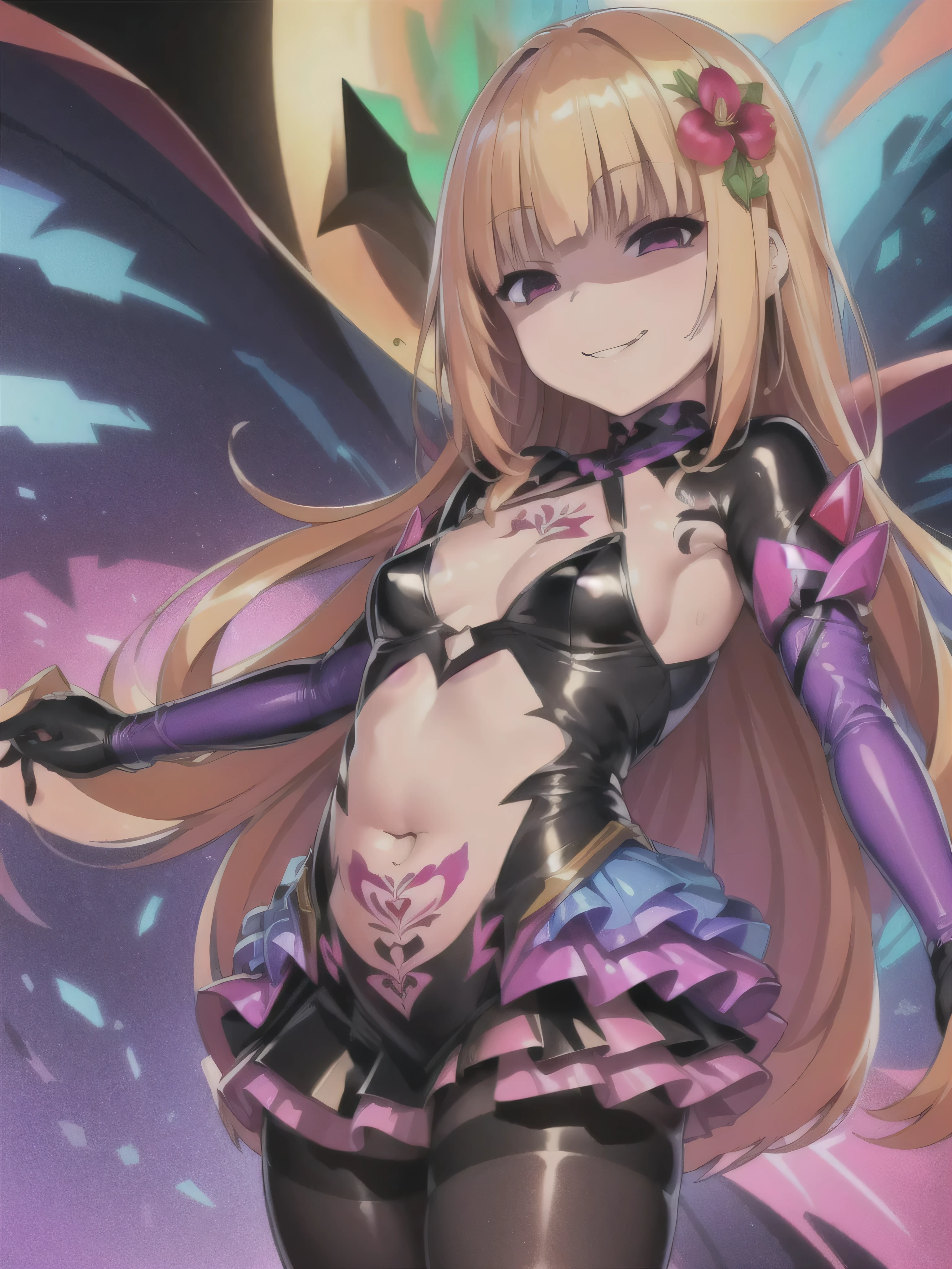 Small breasts,blonde,Hair above one eye,Green Eyes,Laughing with your mouth open,tights, ((Pink magical girl costume)),Removable sleeves,beret,ribbon,(darkness,Simple Background,masterpiece,Best image quality,Highest quality) Browsing Caution