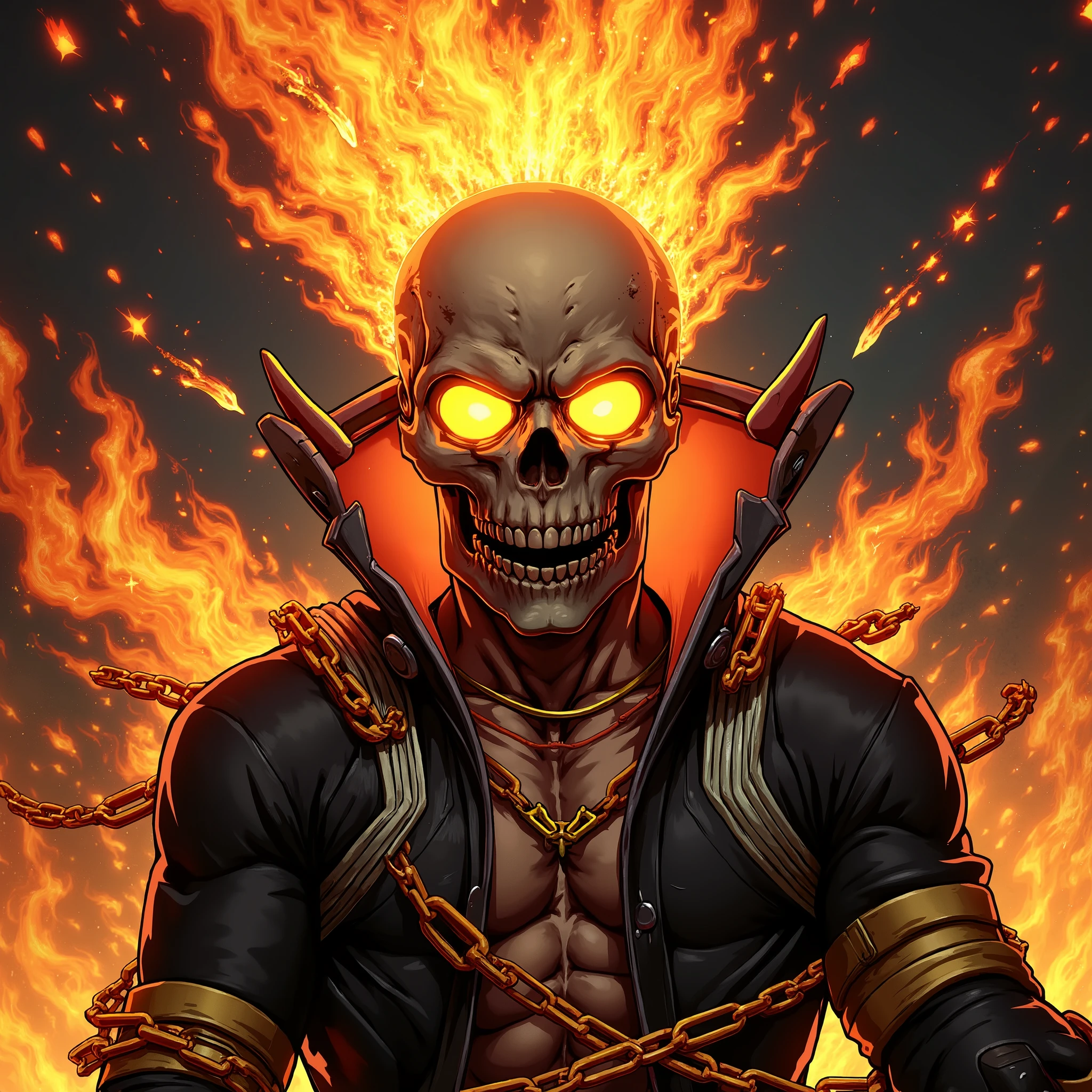 Eddie, the Iron Maiden mascot, black jacket, standing in a powerful stance. His eyes glowing with intensity, reflecting his dark, rebellious spirit. His face is skeletal yet detailed with realistic textures, showcasing his iconic menacing grin. The background is a stormy night, with lightning illuminating the scene, adding a dramatic effect. Realistic skin textures and clothing details, capturing the essence of Eddie in a modern, lifelike illustration. natural light, 35mm photograph, film, professional, 4k, highly detailed, Golden hour lighting. Depth of field F2. Rule of Thirds Composition. ((Cinematic lighting, hell, flames background))
