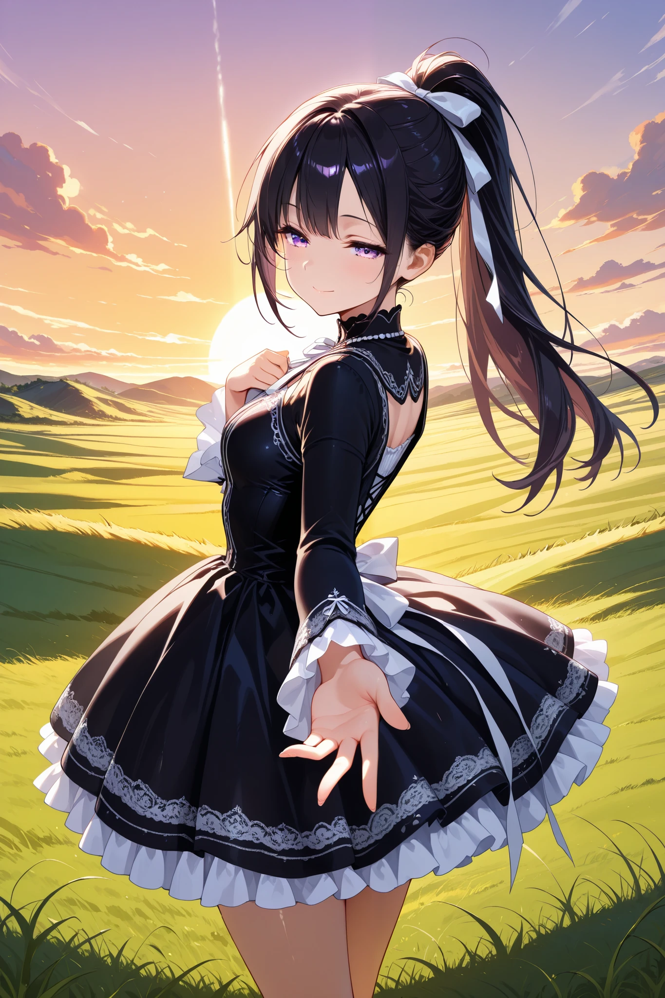 (masterpiece),(absurdres),(ultra detailed),(beautiful detailed)、solo lady,(23-year-old),shiny black hair,shiny purple eyes,(short highponytail),bangs:1.1,(1white ribbon:1.1),(small breast:0.7),(Gothic dress:1.1),sunrise lighting:1.3,(Standing in the grassland:1.3),from behind,half-closed eyes,smile,closed mouth,(hand on own chest),(one hand reaching:1.3)、cowboy shot,Reina