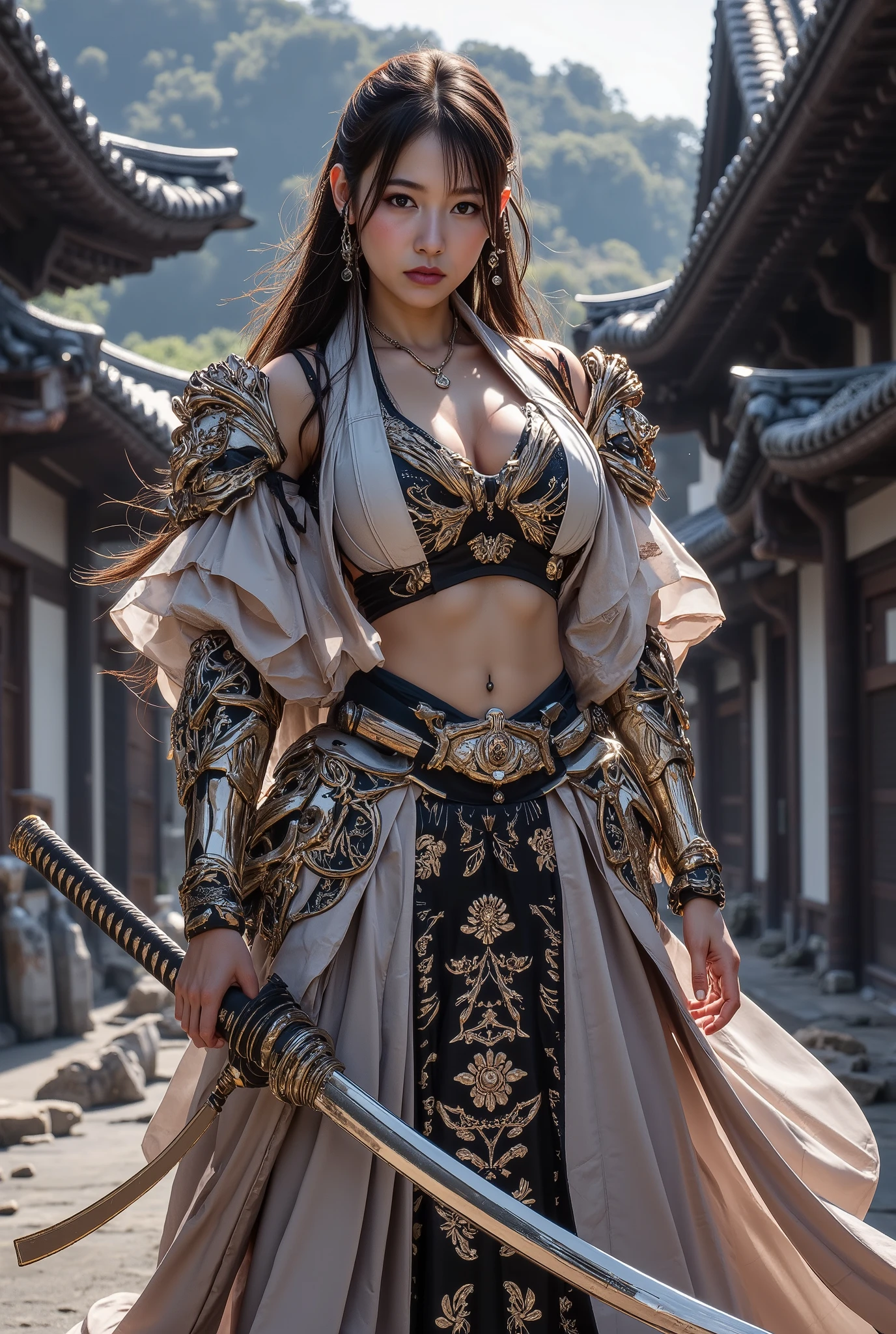 epic fantasy art, (masterpiece, highest quality, Realistic, High resolution, photograph, :1.3), Sharp focus, 1 Japanese beautiful Femail Samurai, beautiful gentle face, long hair, voluptuous body, Abs, muscle, armor Bra, long loincloth, cloak, standing pose, in medieval Japanese style town, ((whole body shot)), full body, holding great Japanese sword,
